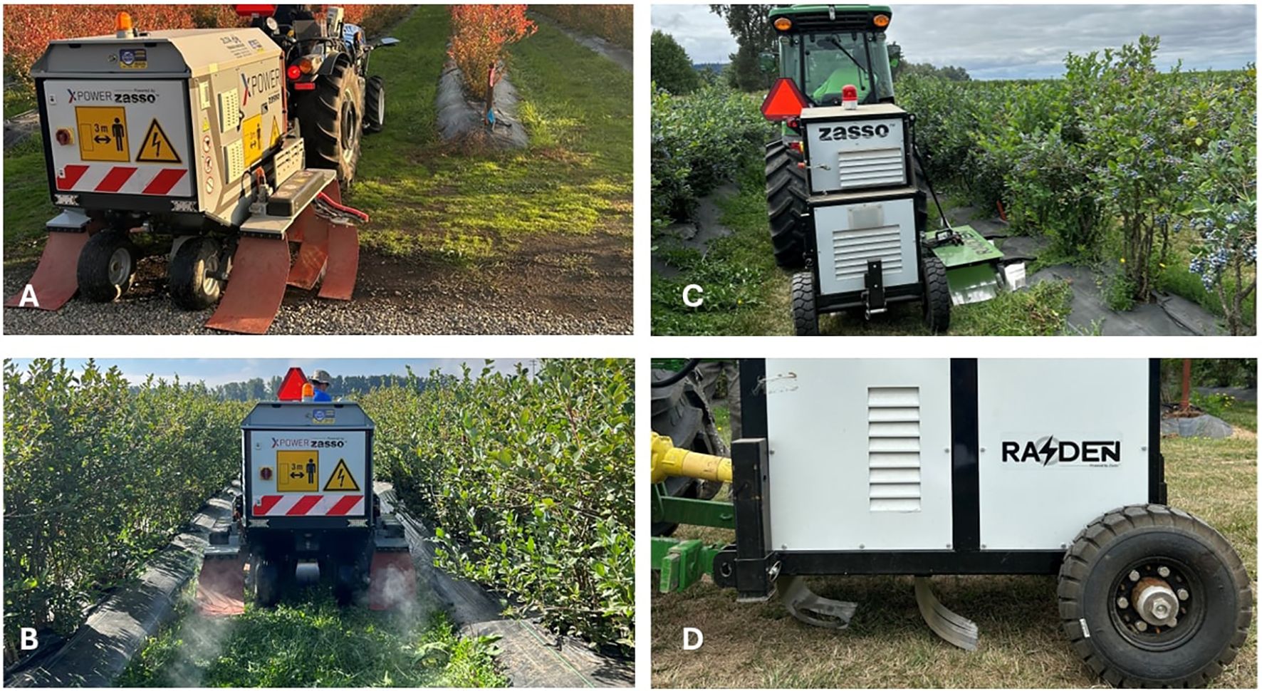 A set of four images shows the Zasso XPower machinery in agricultural settings. Image A displays the rear of the machine with red flaps. Image B shows the machine in action between rows of crops, emitting steam. Image C presents the front view navigating between bushes. Image D focuses on the side, highlighting the brand name “RASEN” and machinery components.