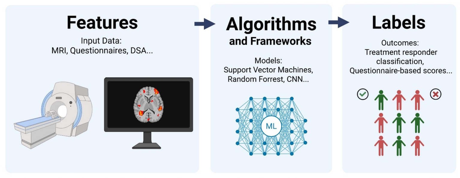 Diagram illustrating a machine learning process. The first panel, labeled "Features," shows MRI and questionnaire data. The second panel, "Algorithms and Frameworks," lists models like Support Vector Machines and CNN. The final panel, "Labels," describes outcomes like treatment responder classification.