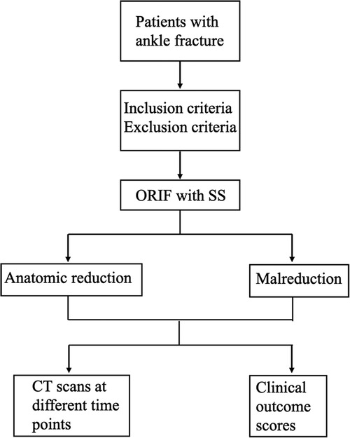 Flowchart outlining a process for patients with ankle fractures. It begins with inclusion and exclusion criteria, followed by \