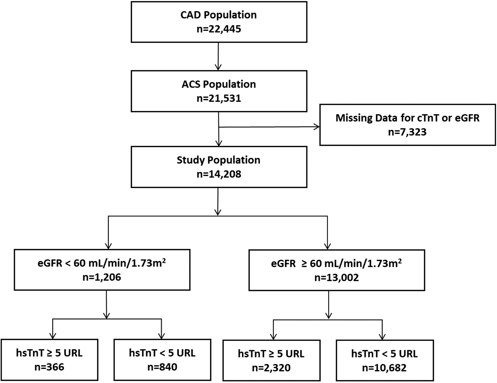 Flowchart showing population filtering for a study. The CAD population starts at 22,445. The ACS population filters to 21,531 with 7,323 missing data. The study population has 14,208. It separates into eGFR less than 60 mL/min/1.73m² with 1,206 and eGFR 60 or greater with 13,002. Both groups further divide into hsTnT levels: less than 5 URL and 5 or greater. Low eGFR: hsTnT 5 or more has 366, less than 5 has 840. High eGFR: hsTnT 5 or more has 2,320, less than 5 has 10,682.
