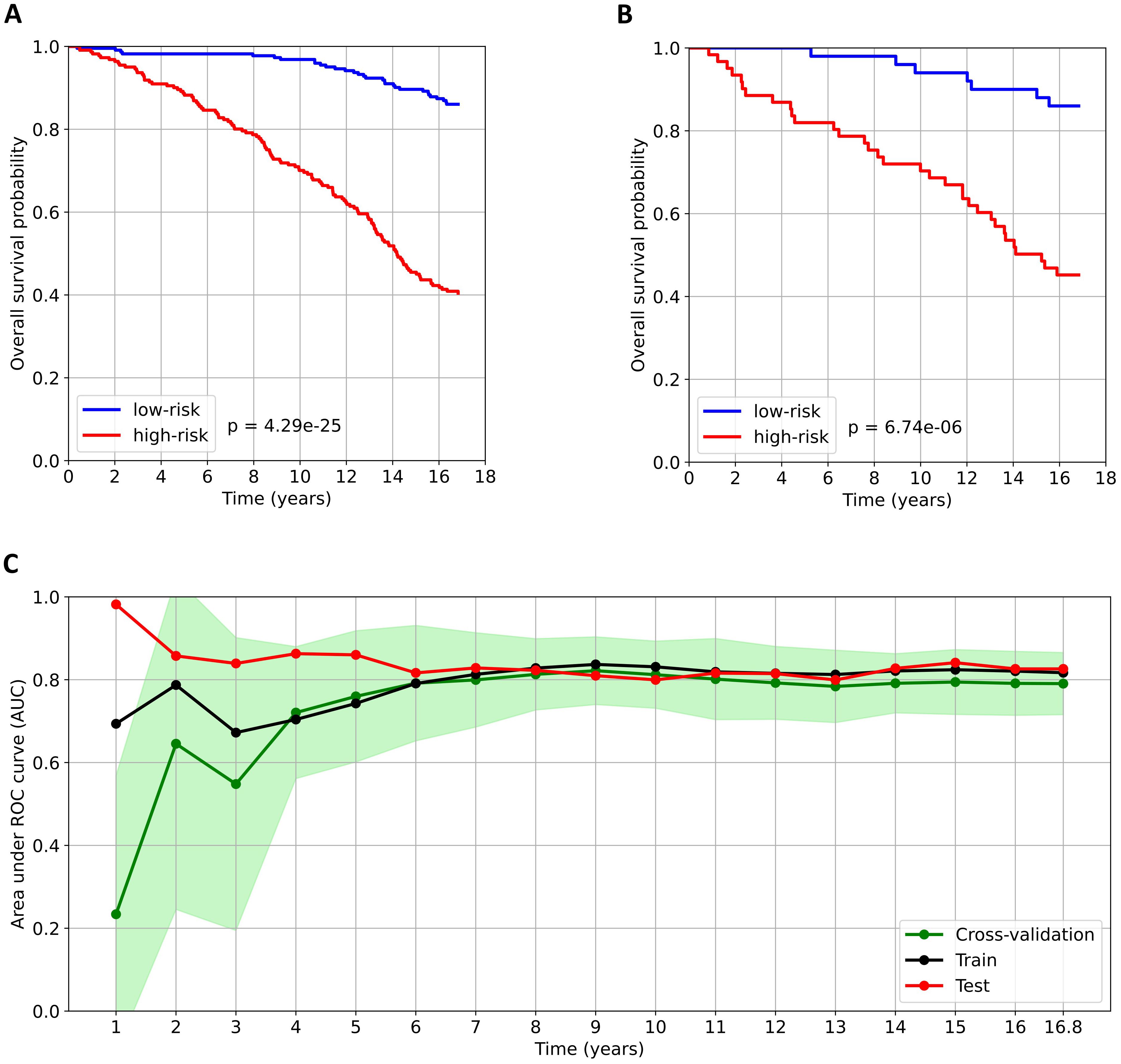 Figure with three graphs. Panel A and B are Kaplan-Meier survival curves comparing low-risk (blue) and high-risk (red) groups over time in years, with significant p-values indicating differences. Panel C shows a plot of area under the ROC curve (AUC) over time for cross-validation (green), train (black), and test (red) sets, with a shaded area representing variability.