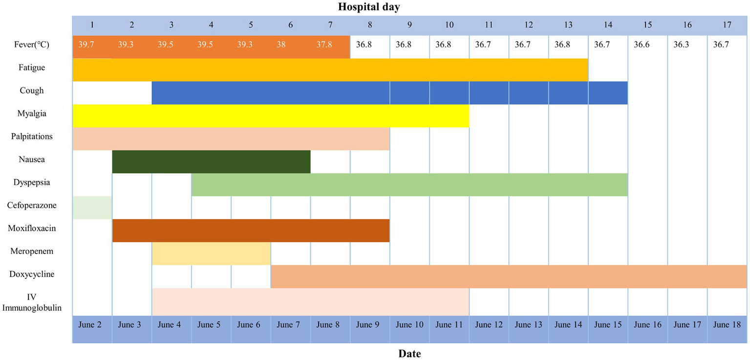 A timeline chart depicts symptoms and treatments over 17 hospital days, from June 2 to June 18. It tracks fever, fatigue, cough, myalgia, palpitations, nausea, and dyspepsia, alongside medications like cefoperazone, moxifloxacin, meropenem, doxycycline, and intravenous immunoglobulin. Fever starts high at 39.7°C and decreases to 36.7°C. Fatigue and nausea persist initially, while symptoms like cough and myalgia vary. Treatments overlap with symptoms, indicating response timelines.