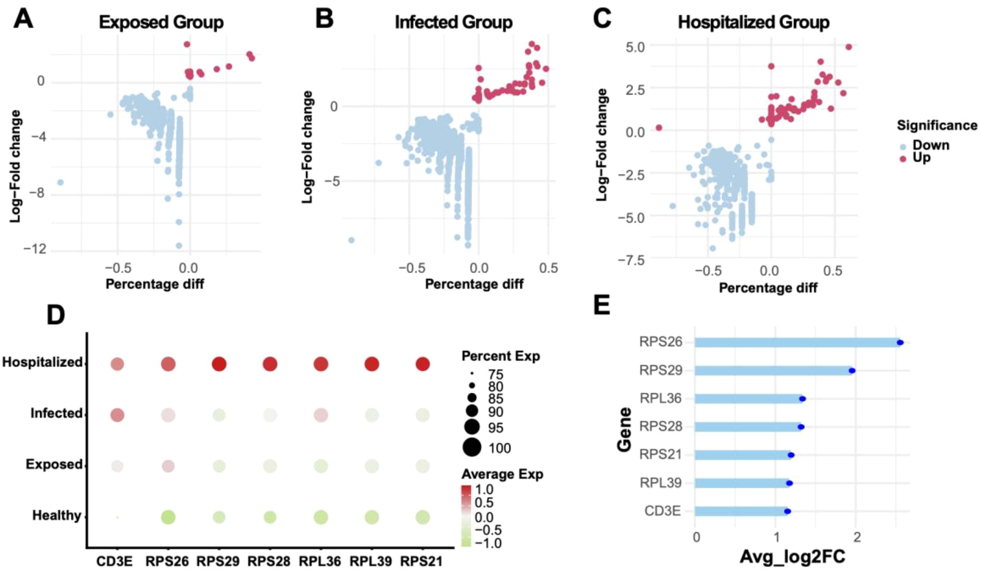 Graphs A, B, and C show log-fold changes versus percentage differences for Exposed, Infected, and Hospitalized groups, with significant differences marked in shades of red and blue. Graph D is a bubble plot illustrating gene expression percentages and averages across Healthy, Exposed, Infected, and Hospitalized groups. Graph E presents a bar graph of average log2 fold changes for genes, highlighting RPS26 with the highest value.