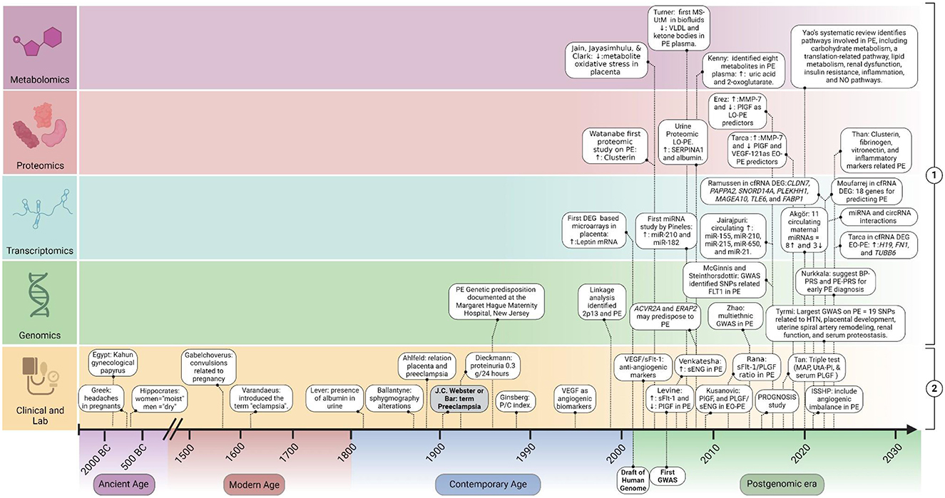 Timeline depicting advances in understanding preeclampsia from ancient to postgenomic eras. It shows developments in clinical practices, genomics, transcriptomics, proteomics, and metabolomics. Key historical events and scientific discoveries are marked chronologically, illustrating a progression from ancient clinical descriptions to modern genomic and molecular biology breakthroughs. Each colored band represents a specific scientific field, with notable milestones detailed in connected text boxes.