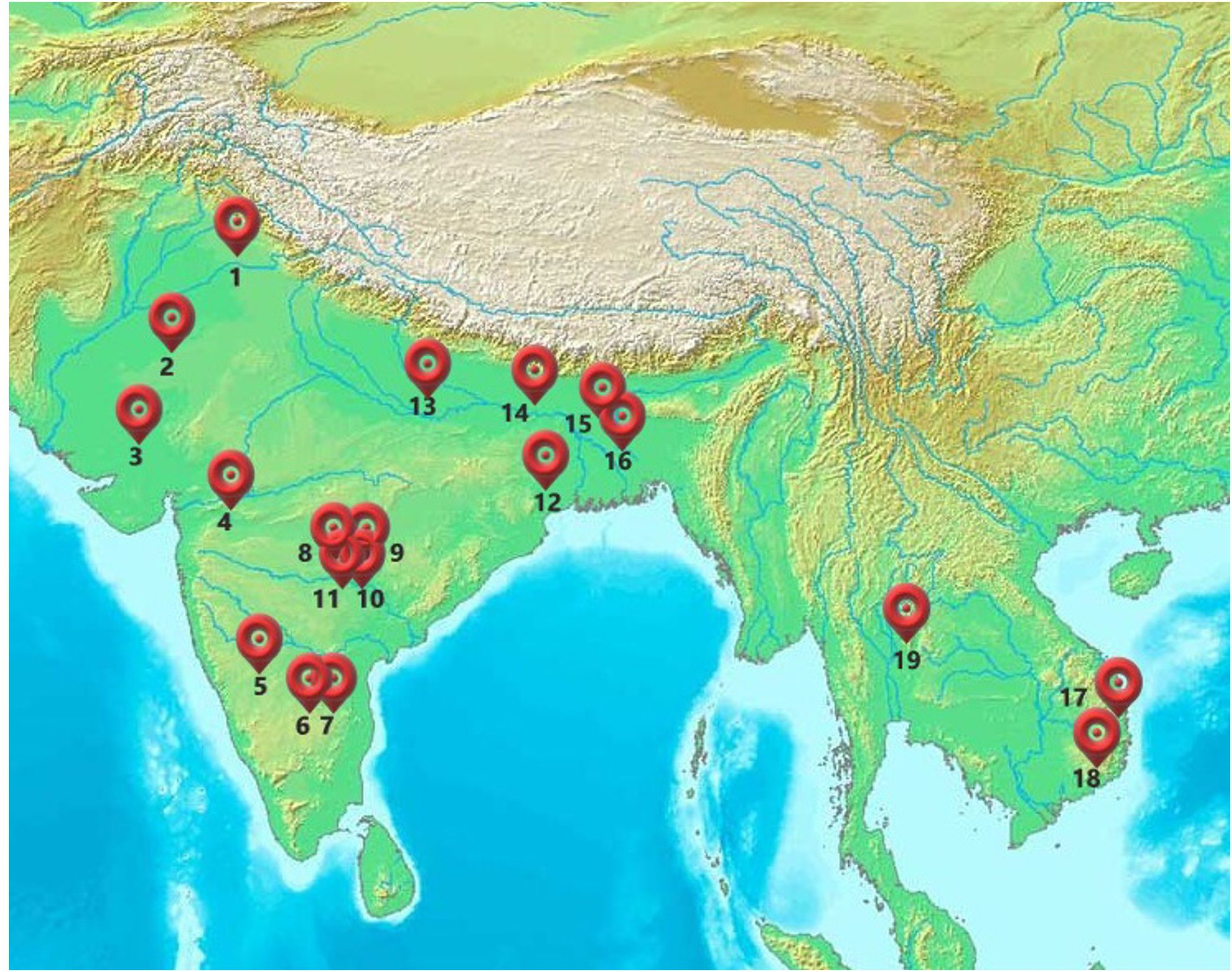 Map of South and Southeast Asia with red markers indicating various locations. Markers are spread over the Indian subcontinent, including the northern, central, and southern regions, and also cover areas in Southeast Asia, such as parts of Myanmar and China. The map displays geographical features like rivers, mountains, and bodies of water, with a color gradient to indicate elevation changes.