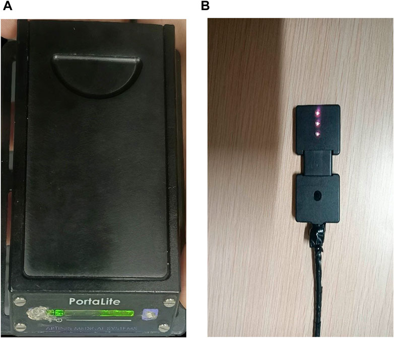 Panel A shows a black rectangular device labeled