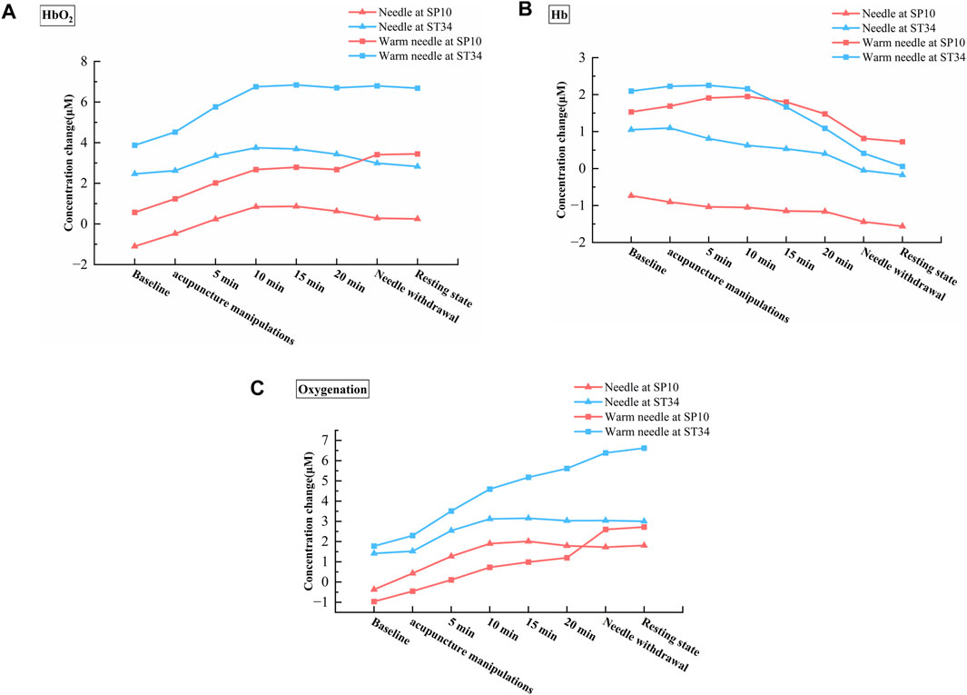 Three graphs labeled A, B, and C show changes in concentration over time. Graph A (HbO2) displays increasing concentration changes for both needle types at points SP10 and ST34. Graph B (Hb) shows varying concentration changes, with distinct trends for different needle types. Graph C (Oxygenation) highlights increasing concentration changes similar to Graph A. All graphs have time segments from baseline to resting state, with legends differentiating needle types and points.