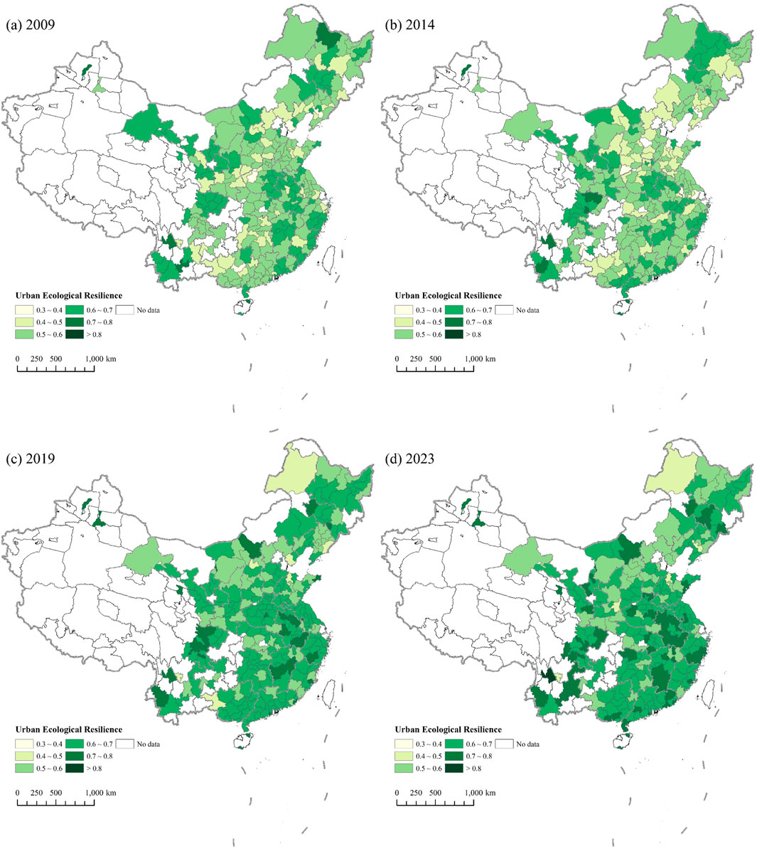 Maps show China's urban ecological resilience from 2009 to 2023, with color gradients indicating resilience scores. Darker greens represent higher resilience, increasing over time. Maps are labeled (a) 2009, (b) 2014, (c) 2019, and (d) 2023. Each map includes a scale and legend.