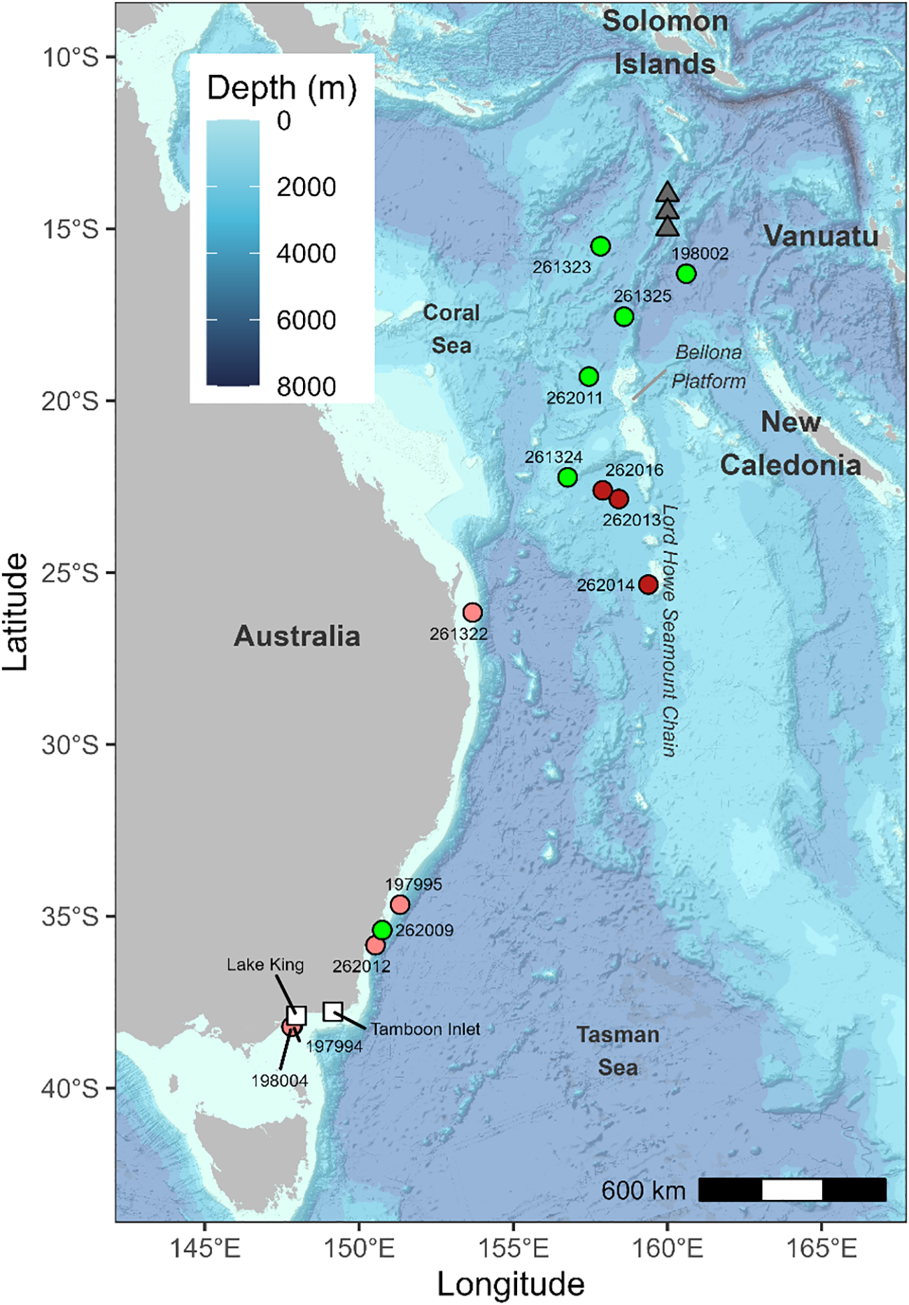 Map of the southwest Pacific region, including Australia, New Zealand, and surrounding seas. Depth is indicated with a gradient from light blue (0 meters) to dark blue (8000 meters). Various locations are marked with numbered dots, some in green and others in red, over regions like the Tasman Sea, Coral Sea, Vanuatu, New Caledonia, the Solomon Islands, and Lord Howe Seamount Chain. Land areas are shown in gray with labeled countries and geographical features. A scale bar indicates 600 kilometers for distance reference.