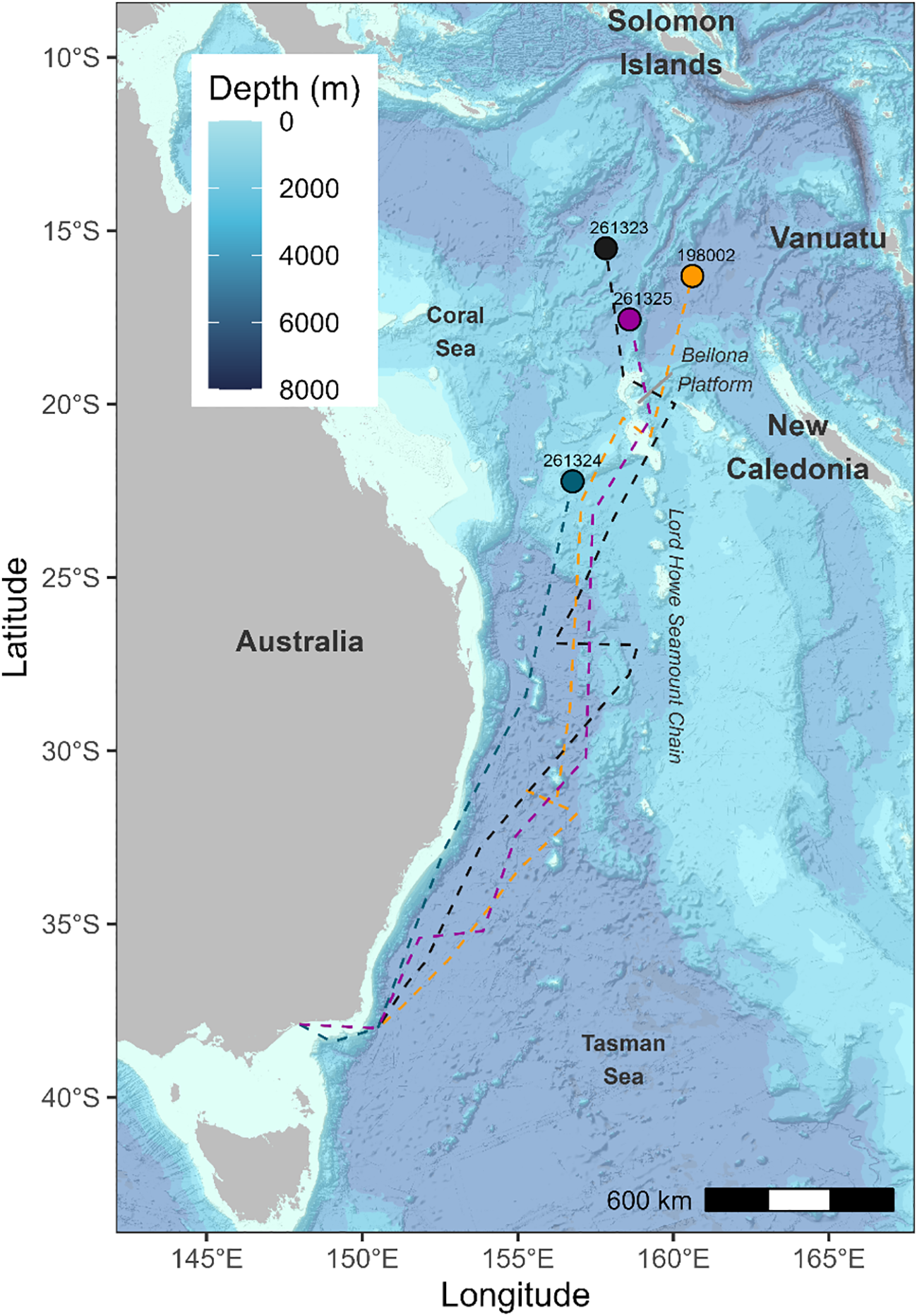 Map showing the Coral Sea and Tasman Sea regions, highlighting ocean depths with a gradient from light blue to dark blue for 0 to 8000 meters. Key locations include Solomon Islands, Vanuatu, New Caledonia, and Australia. Labeled points and lines indicate specific maritime features such as the Bellona Platform and Lord Howe Seamount Chain. A scale bar and depth legend are included.