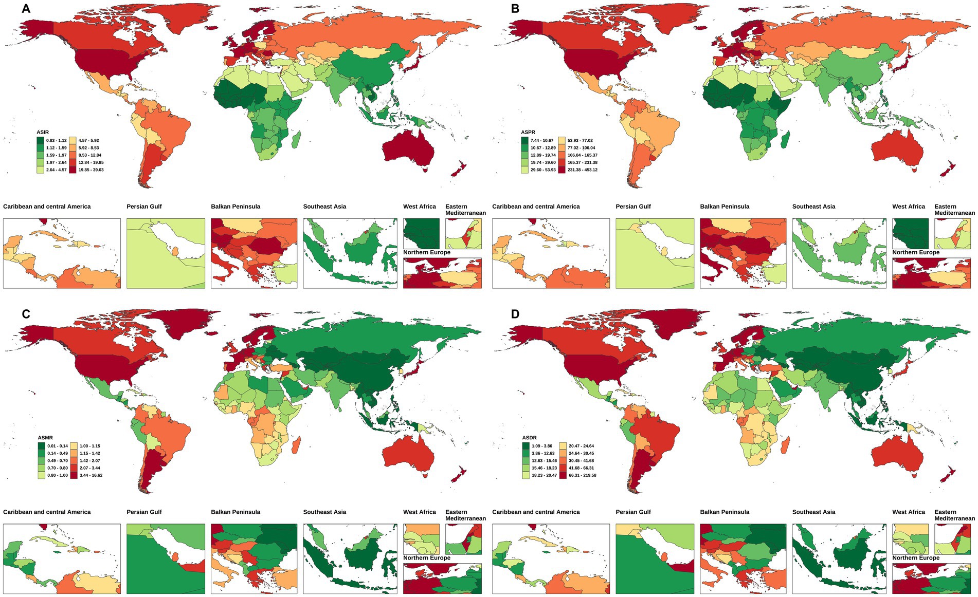 World maps labeled A to D show various global data distributions using color gradients, with insets highlighting regions like the Caribbean, Persian Gulf, Balkan Peninsula, Southeast Asia, West Africa, and the Eastern Mediterranean. Color gradients represent different scales specific to each map, illustrating data variations across regions.