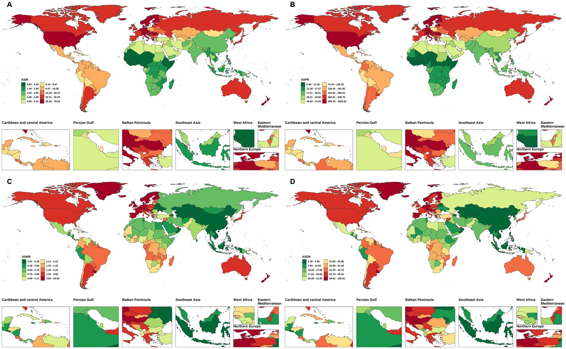 Global maps illustrating age-standardized incidence (ASIR), prevalence (ASPR), mortality (ASMR), and death rates (ASDR) across regions. Color gradients from green to red indicate increasing rates. Insets focus on Caribbean, Persian Gulf, Balkan Peninsula, Southeast Asia, West Africa, Eastern Mediterranean, and Northern Europe, highlighting regional variations.