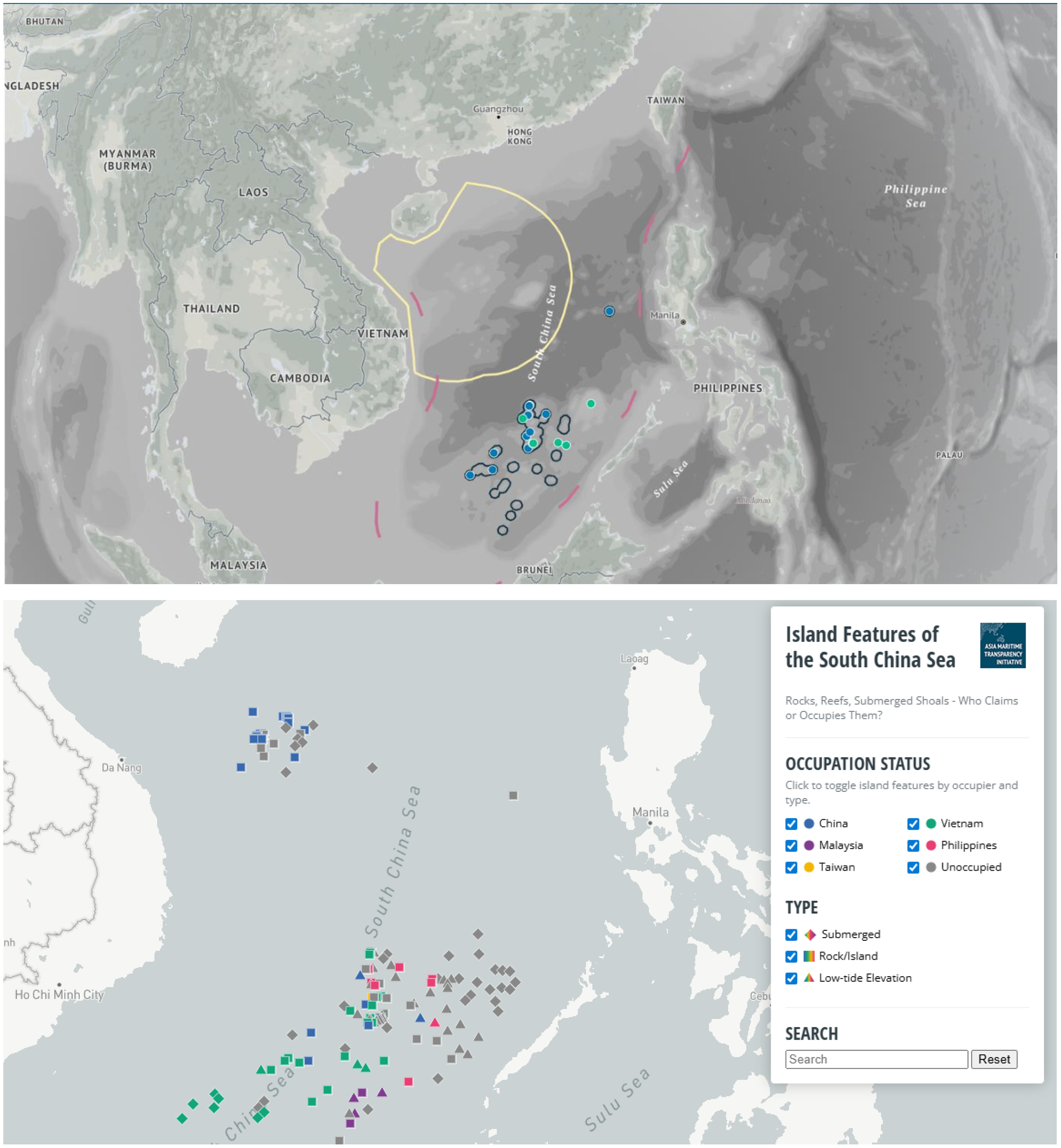 Two maps of the South China Sea region. The top map shows political boundaries, countries, and territorial claims marked by colored outlines. The bottom map displays various island features, such as rocks, reefs, and submerged shoals, indicated by different symbols and colors. A legend on the right shows occupation status and type options, including China, Vietnam, Malaysia, Philippines, and others.