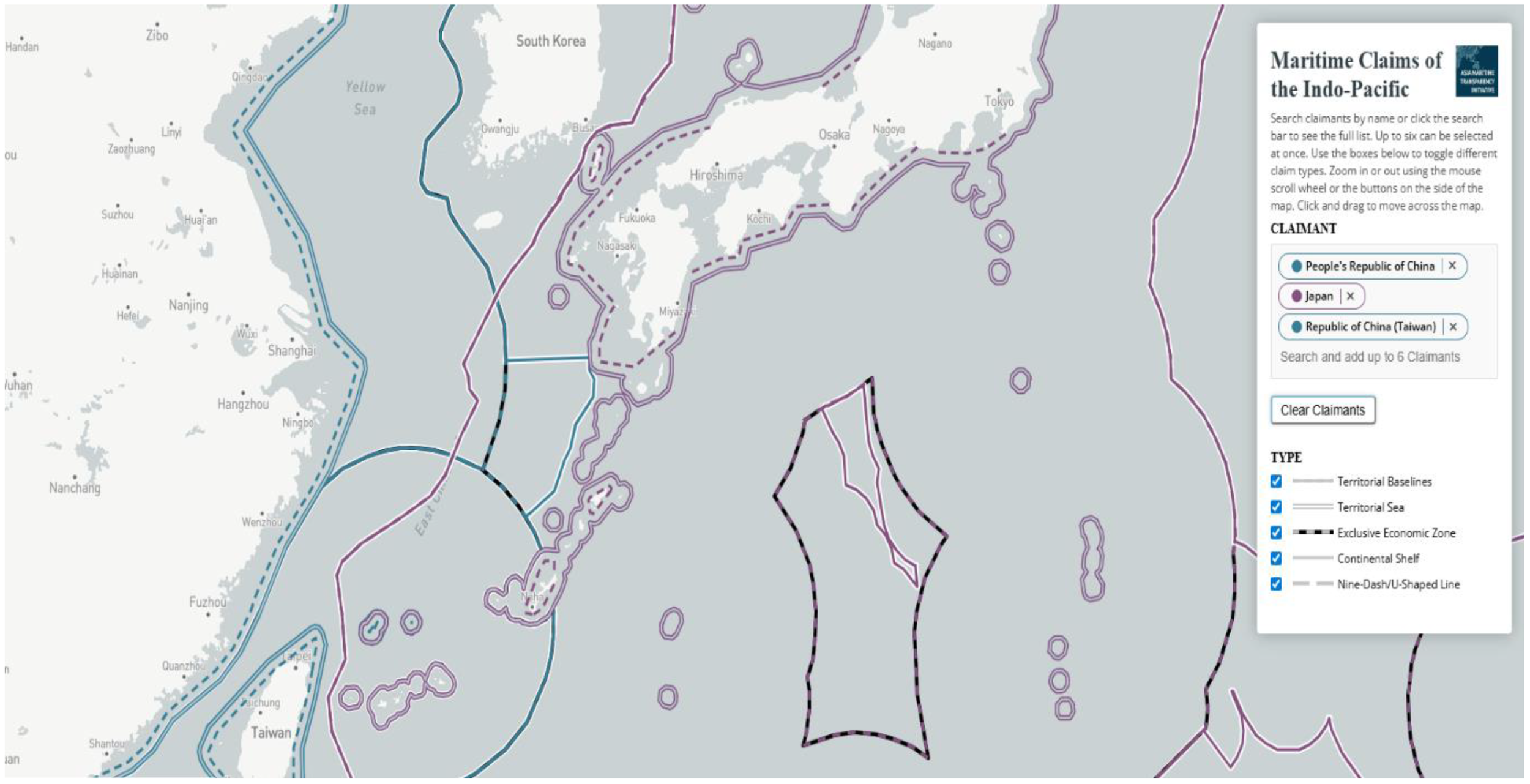 Map displaying maritime claims in the Indo-Pacific region, highlighting territorial baselines and exclusive economic zones of China, Japan, and Taiwan. The map includes options to toggle claim types and claimant countries.
