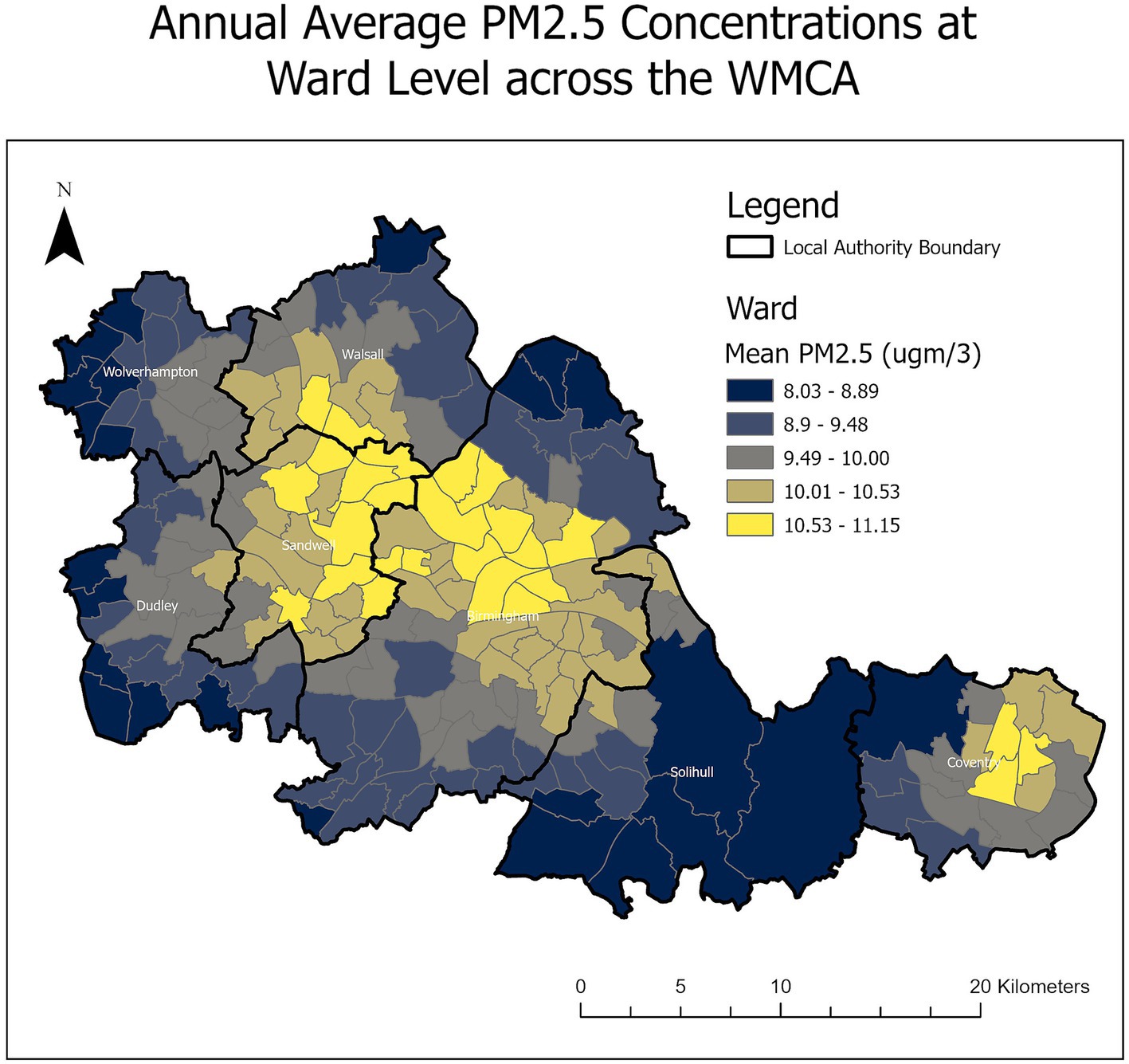 Map showing annual average PM2.5 concentrations at ward level across the West Midlands Combined Authority. Colors range from dark blue (lowest PM2.5 levels) to yellow (highest PM2.5 levels). Major areas include Wolverhampton, Dudley, Sandwell, Birmingham, Solihull, and Coventry. A legend indicates PM2.5 concentration ranges in micrograms per cubic meter. A north directional arrow and scale bar are included.