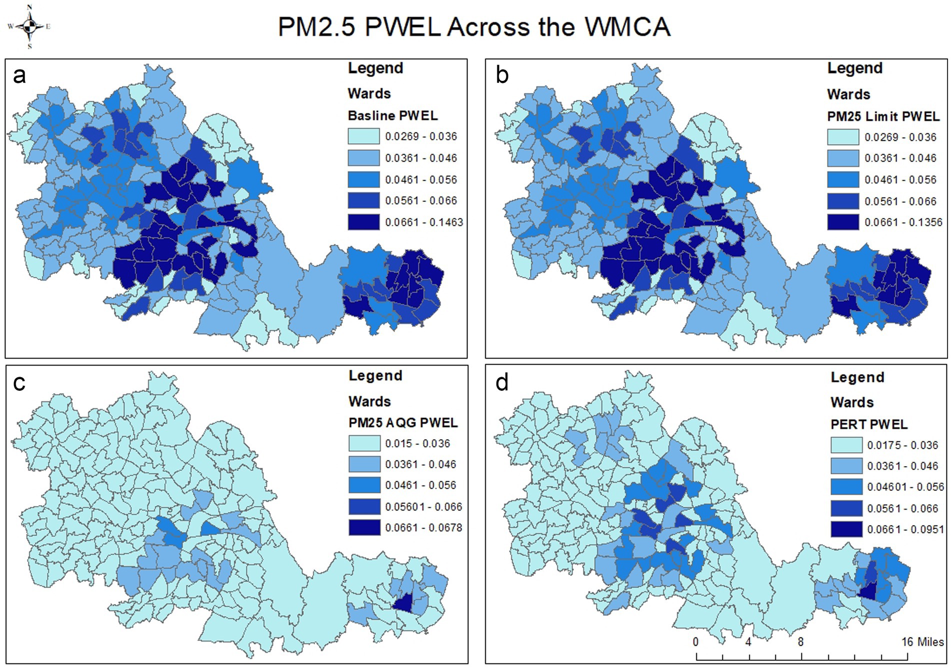 Four maps show PM2.5 PWEL across the WMCA, illustrating different scenarios: Baseline, Limit, AQG, and PERT. Each map uses shades of blue to represent various concentration ranges, with legends identifying specific value ranges. Maps highlight variations in pollution levels across wards.