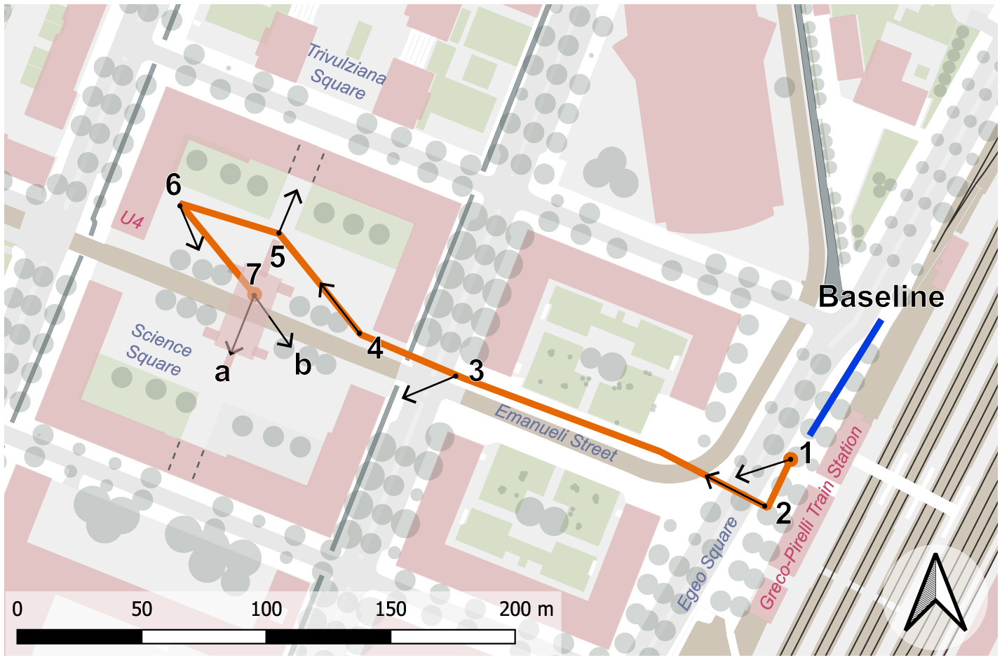 Map showing the route from Greco-Pirelli Train Station to the Tramway Stop in Science Square, Milan. The path is drawn in orange over the map, and features Points of View numbered from 1 to 7 and arrows indicating the subject's directions of view. The path from the baseline point to the first Point of View is drawn in blue. Annotations include street names (Emanueli Street, Egeo Square, Trivulziana Square, Science Square and U4) and scale in meters.