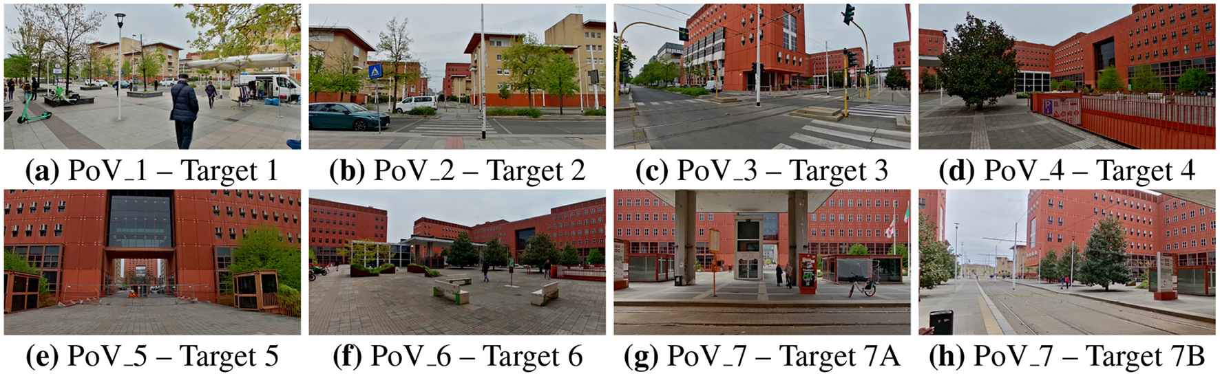 (a) Wide view of a plaza with trees and a person walking. (b) Street scene with parked cars and crosswalks near red buildings. (c) Red building with a corner view and intersection. (d) Red buildings with a tree and paved area. (e) Red brick building with an arched entryway. (f) Open plaza with benches and red buildings. (g) Entrance with columns, glass doors, and a cyclist. (h) Long pathway with trees and red buildings.