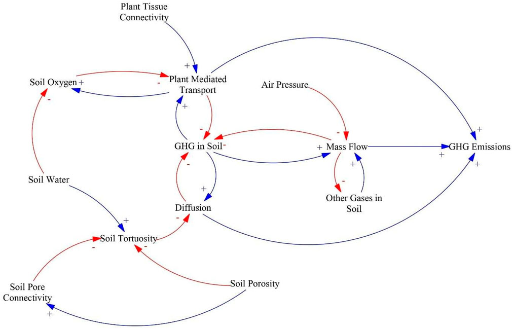 Diagram showing the relationships between soil components and greenhouse gas (GHG) emissions. Arrows indicate interactions among factors like soil oxygen, water, pore connectivity, tortuosity, porosity, air pressure, and plant-mediated transport. Positive and negative signs denote the direction and type of influence. Mass flow and diffusion affect GHG levels and emissions.