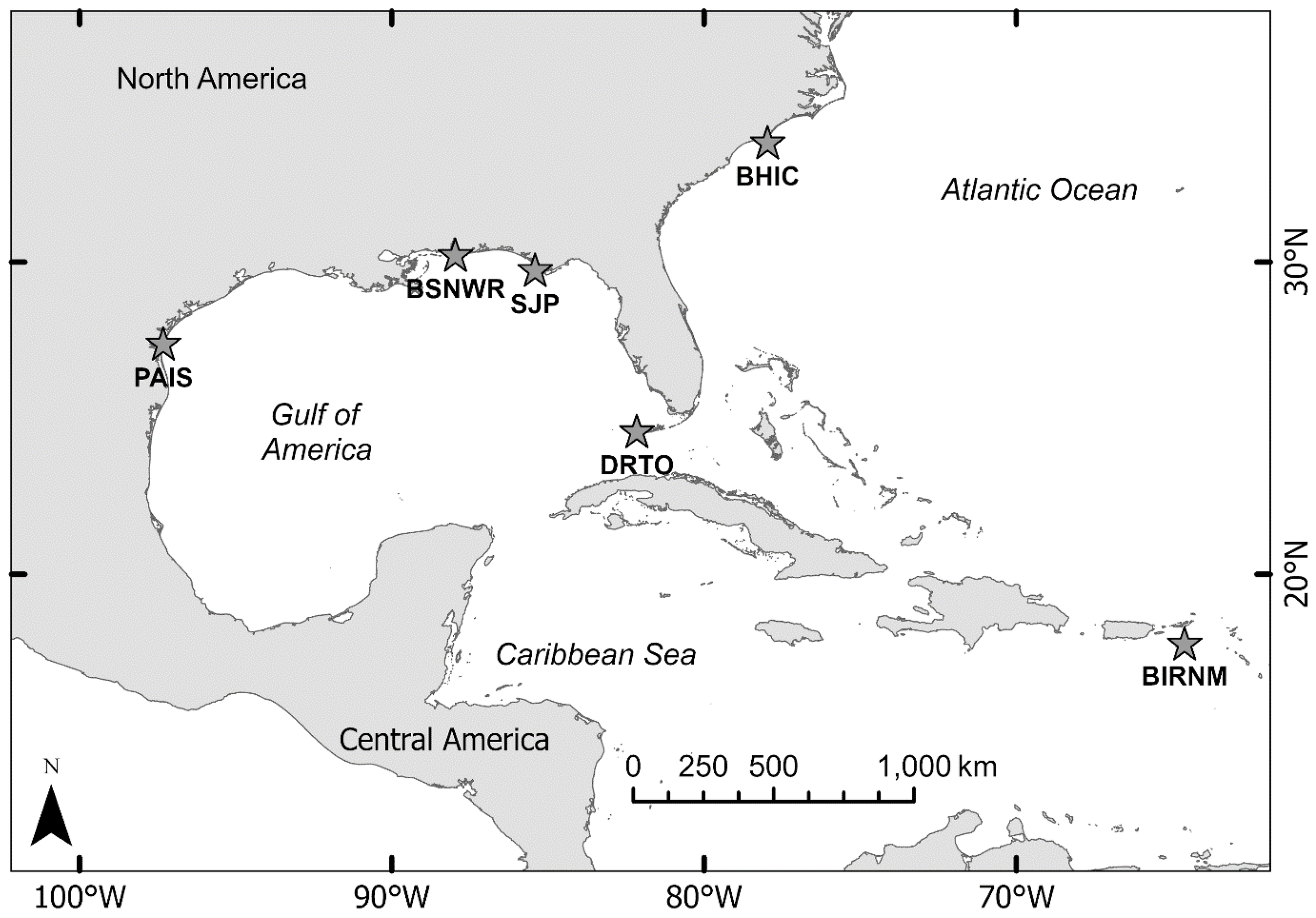 Map of the America and Caribbean region highlighting specific locations with stars. Locations include PAIS, BSNWR, SJP, DRTO, BHIC, and BIRNM. Surrounding areas labeled include North America, Central America, the Caribbean Sea, and the Atlantic Ocean. A scale bar indicates distances up to one thousand kilometers.