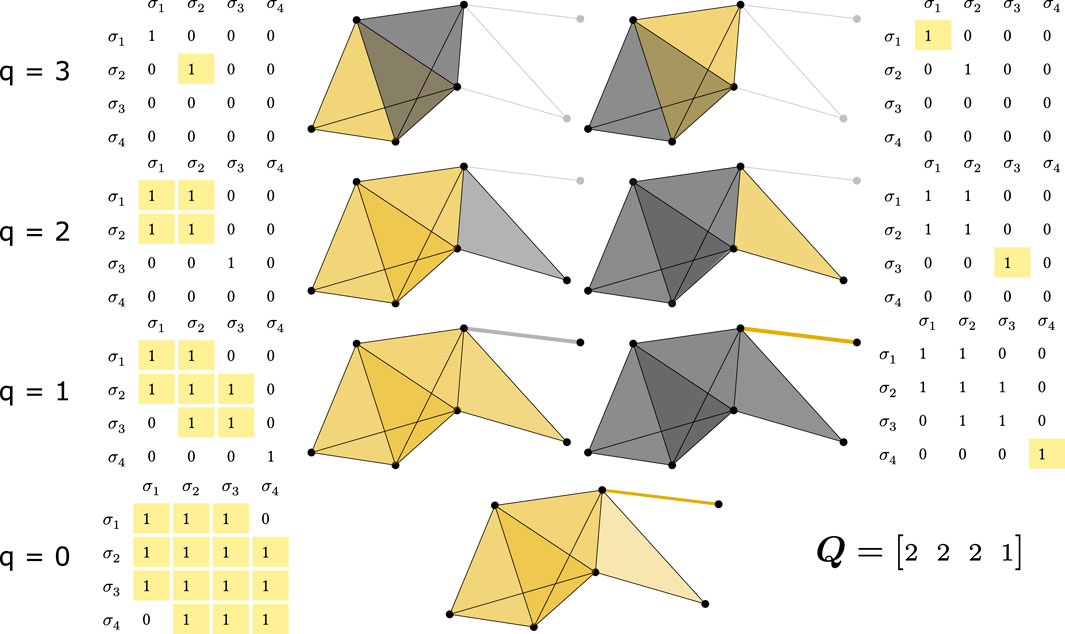 Geometrical illustration featuring a progression of polyhedral shapes organized in four rows, each representing different states labeled q equals three to q equals zero. Each row includes a polyhedron and a corresponding grid with highlighted yellow cells. The right side repeats the grids for comparison. At the bottom, an equation Q equals bracket two, two, two, one bracket is displayed. The shapes transition from complex to simpler forms.