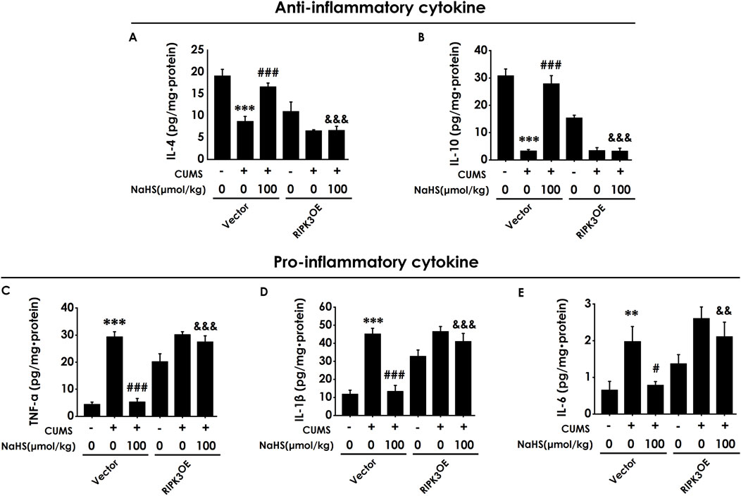 Bar graphs showing levels of anti-inflammatory cytokines IL-4 and IL-10, and pro-inflammatory cytokines TNF-alpha, IL-1beta, and IL-6. Data compares control and treatment groups using NaHS in different conditions, with statistical significance marked by asterisks and hashtags.