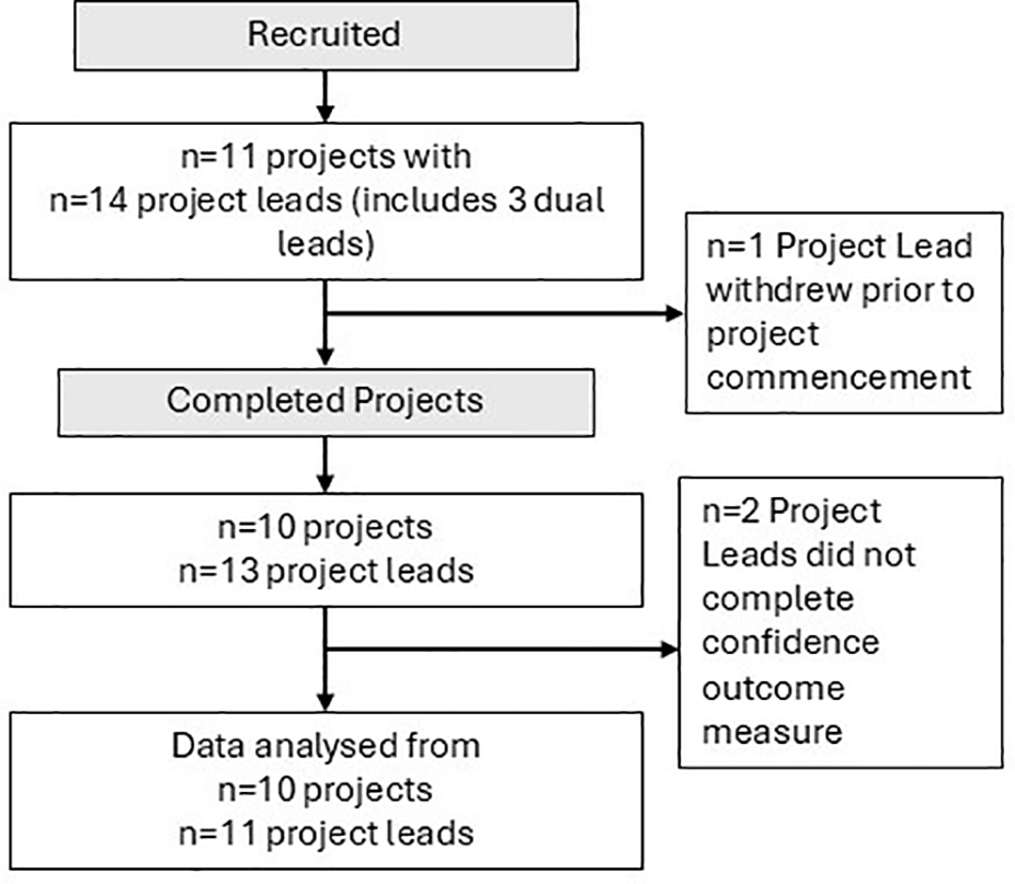 Flowchart illustrating project recruitment and analysis. Initially, 11 projects with 14 project leads were recruited, including three dual leads. One lead withdrew before starting, resulting in 10 projects with 13 leads completing. Two leads did not complete confidence outcome measures. Data were analyzed from 10 projects with 11 leads.