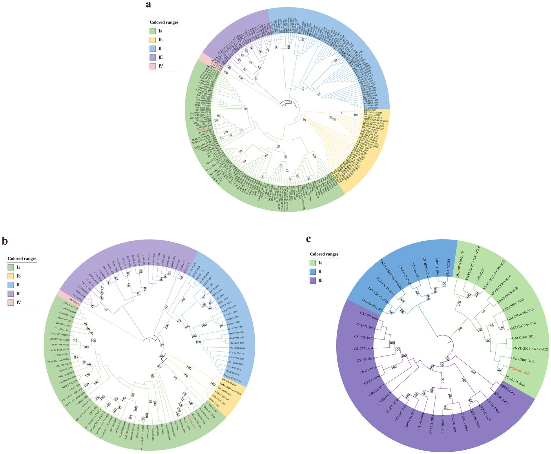 Three circular phylogenetic trees labeled a, b, and c with colored segments representing different ranges. Tree a includes Ia, Ib, II, III, and IV. Tree b displays Ia, Ib, II, III, and IV. Tree c features Ia, II, and III. Each tree includes branching patterns and labels indicating different groups or species.