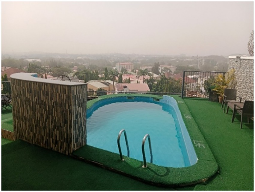 Rooftop pool with a green artificial grass deck, surrounded by a wrought iron railing. Brick-patterned walls are visible in the foreground, and a hazy cityscape is in the background.