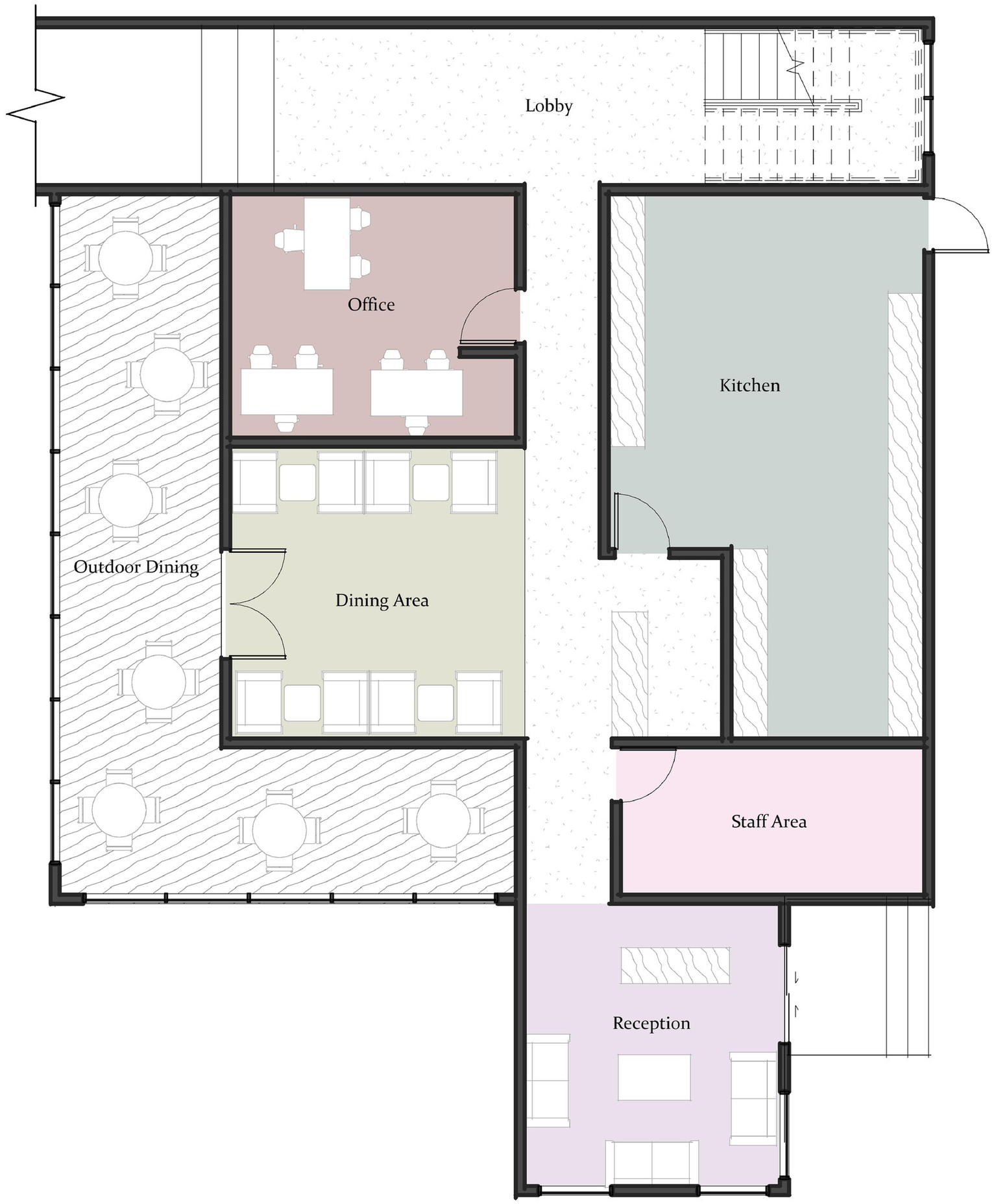 Floor plan of a building showing a lobby, office with two tables, dining area, outdoor dining space with circular tables, kitchen, staff area, and reception. Each area is labeled for easy identification.