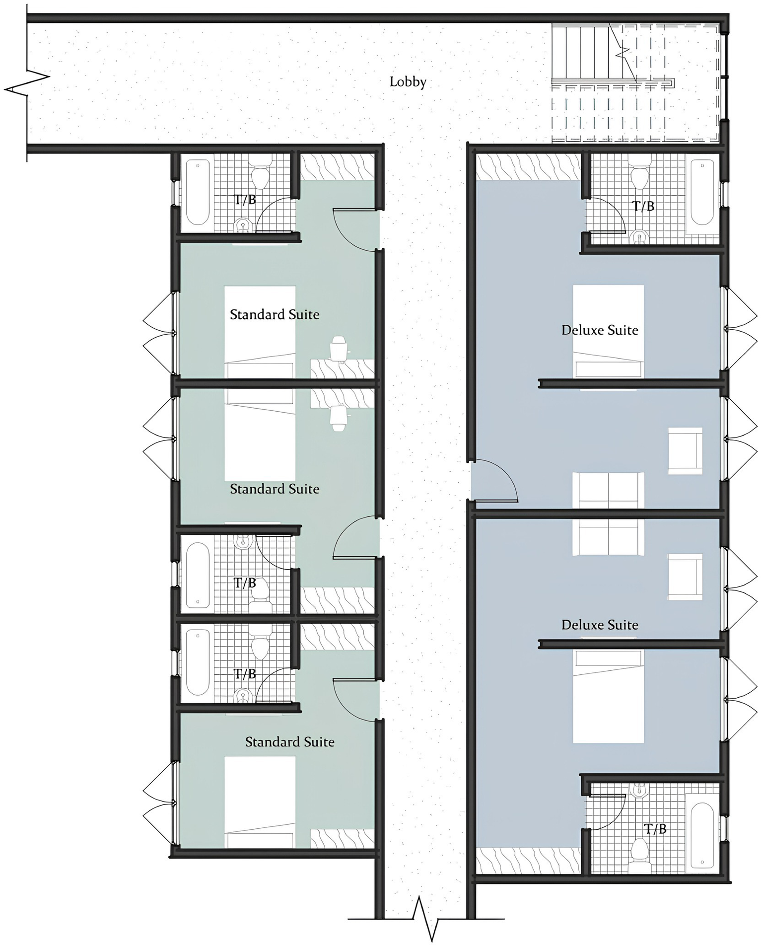 Floor plan of a hotel showing a corridor leading to multiple suites. On the left, there are three standard suites, each with a bathroom labeled "T/B." On the right, two deluxe suites are highlighted, each with separate living and sleeping areas, also with a "T/B" bathroom. The entrance is through the lobby at the top.