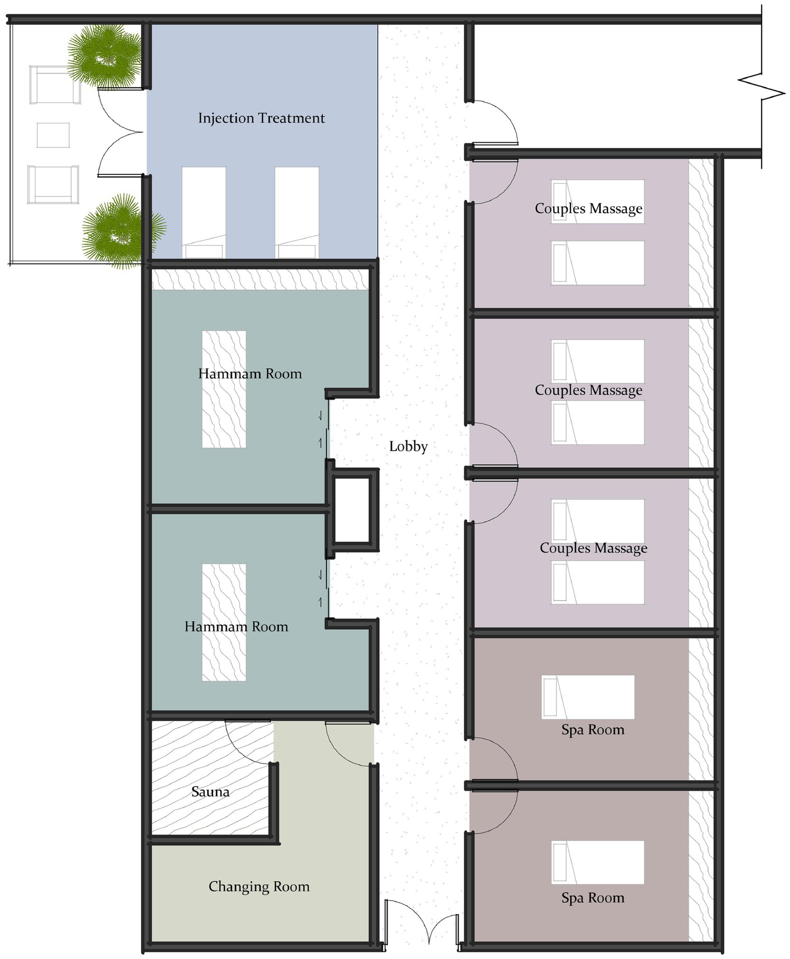 Floor plan of a spa facility featuring an injection treatment room, two hammam rooms, a changing room, and a sauna on one side, with a lobby in the center. The opposite side includes two couples massage rooms and two spa rooms.