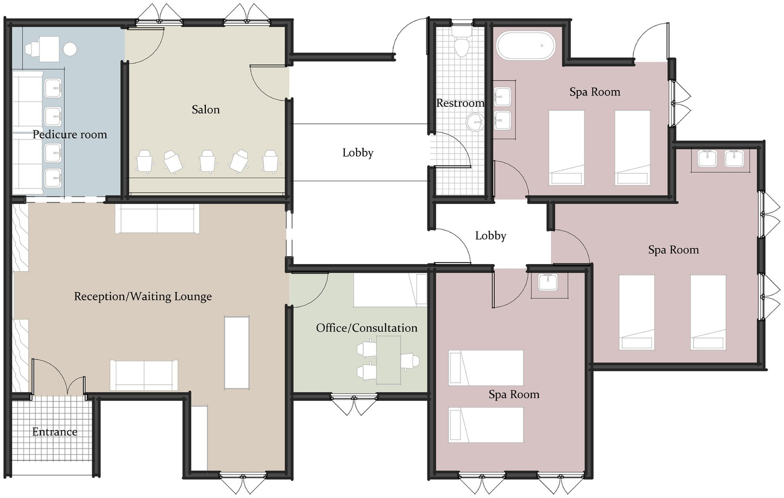 Floor plan of a spa facility with labeled rooms: a pedicure room, a salon, a restroom, and three spa rooms. Adjacent areas include a reception/waiting lounge, two lobbies, and an office/consultation room. The entrance is at the bottom left.