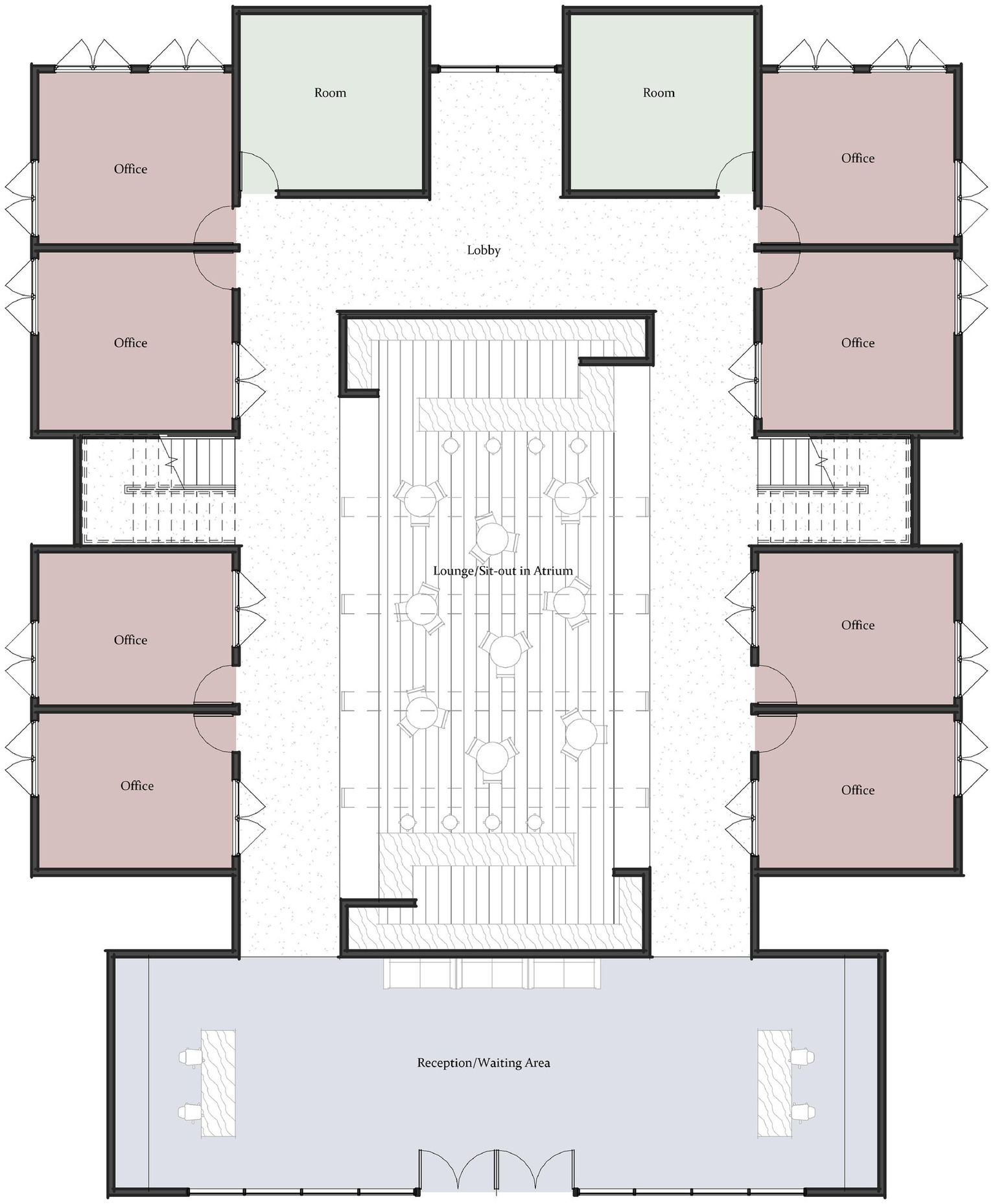 Floor plan of a building featuring a central lobby with two rooms on top, multiple offices on the sides, and an atrium lounge in the middle. The bottom section contains a reception or waiting area.