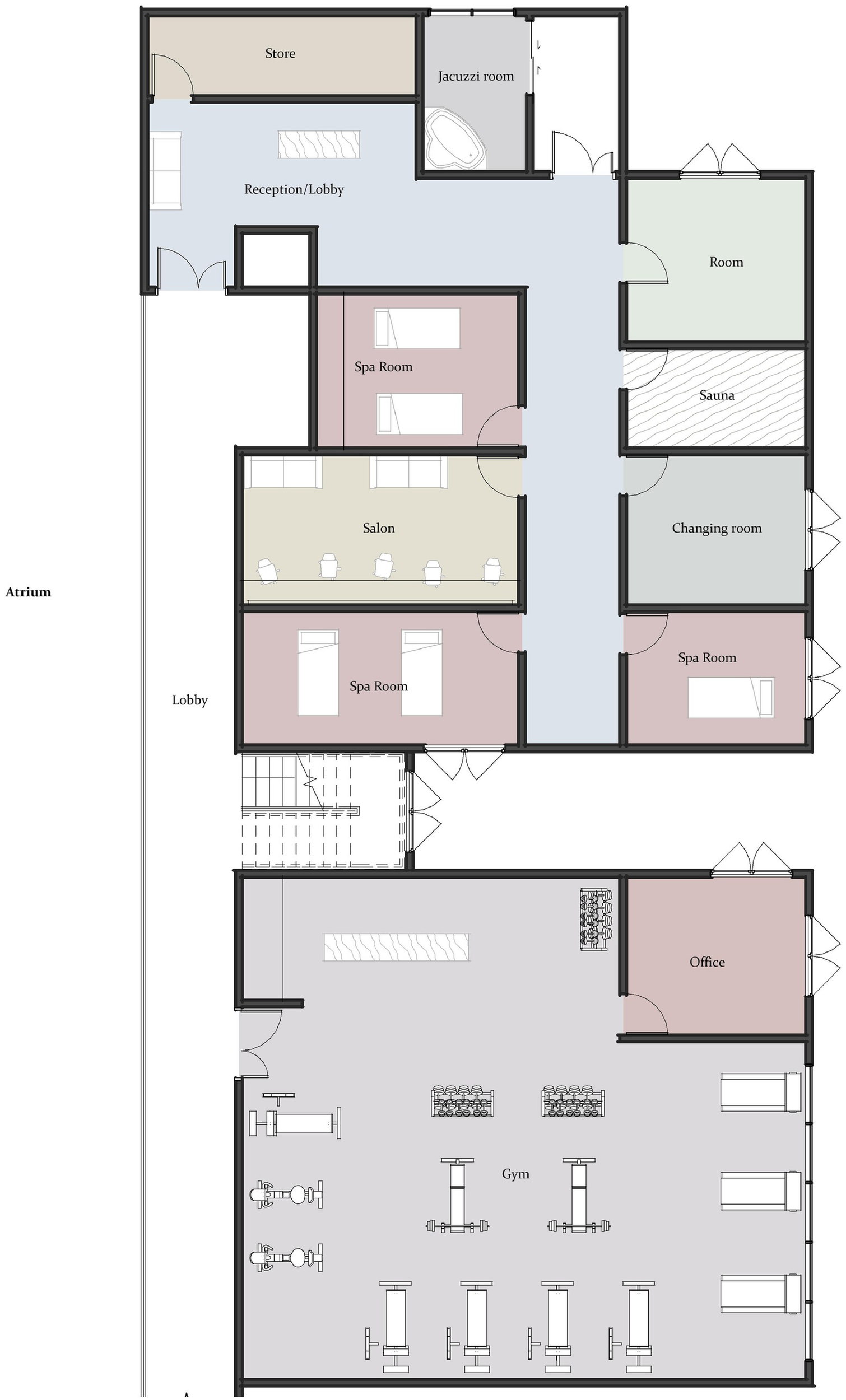 Floor plan of a spa facility featuring a gym, salon, two spa rooms, jacuzzi room, sauna, changing room, and office. The layout includes a reception/lobby area and a store. The spaces are connected by hallways leading to various service areas.