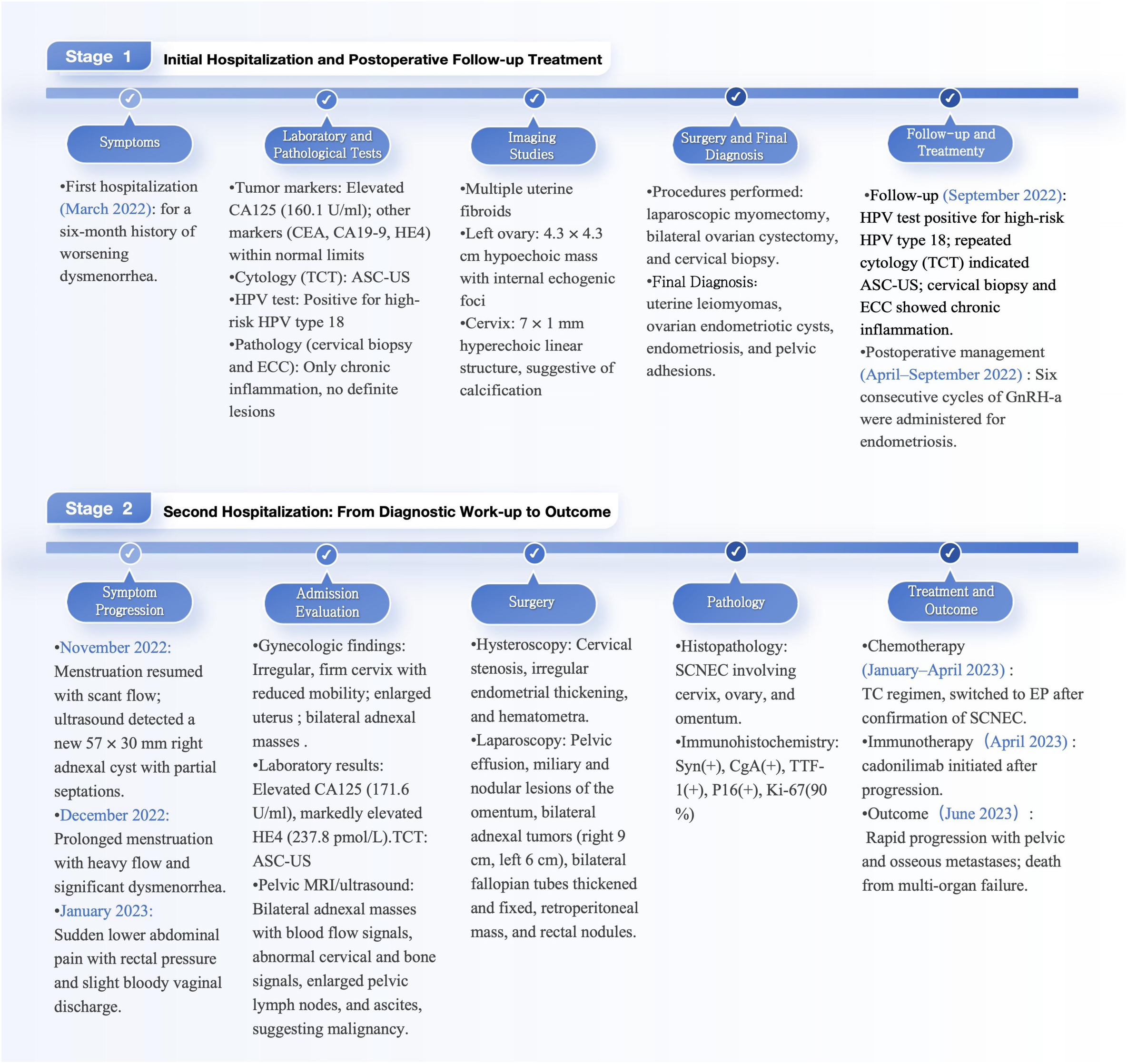 Flowchart depicting the two-stage hospitalization and treatment process for a patient with worsening dysmenorrhea and underlying conditions from March 2022 to June 2023. Stage 1 outlines symptoms, laboratory tests, imaging studies, surgery, and follow-up treatment. This includes detection of uterine leiomyomas and high-risk HPV, leading to six GnRH-a treatment cycles. Stage 2 begins with symptom progression and admission evaluation, highlighting findings like cervical stenosis and bilateral adenexal tumors. It culminates in surgery, pathology confirmation of SCNEC, chemotherapy, immunotherapy, and patient death due to multi-organ failure.