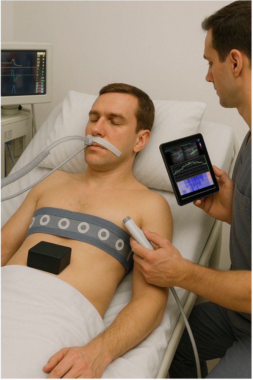 A patient is lying in a hospital bed with medical equipment attached, including a ventilator and sensors. A healthcare professional is using a device and checking readings on a tablet.