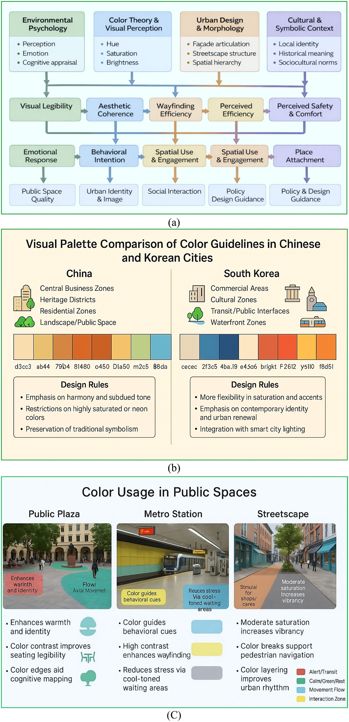 Diagram (a) shows the relationship between environmental psychology, color theory, urban design, and cultural context influencing visual legibility, aesthetic coherence, wayfinding, perceived safety, and emotional responses in public spaces. Diagram (b) compares color guidelines in Chinese and Korean cities. China's palette emphasizes harmony and traditional symbolism, avoiding neon colors. South Korea's palette offers flexibility, focusing on contemporary identity and smart city integration. Each country uses different colors for specific zones and includes design rules. Graphic titled "Color Usage in Public Spaces" showing color application in three areas: Public Plaza, Metro Station, and Streetscape. Public Plaza uses red and teal to enhance warmth and guide movement. Metro Station utilizes yellow and blue for behavioral cues and stress reduction. Streetscape employs orange and gray to stimulate vibrancy and support navigation. Bullet points explain benefits like improving identity, legibility, wayfinding, and urban rhythm through color contrasts and edges.