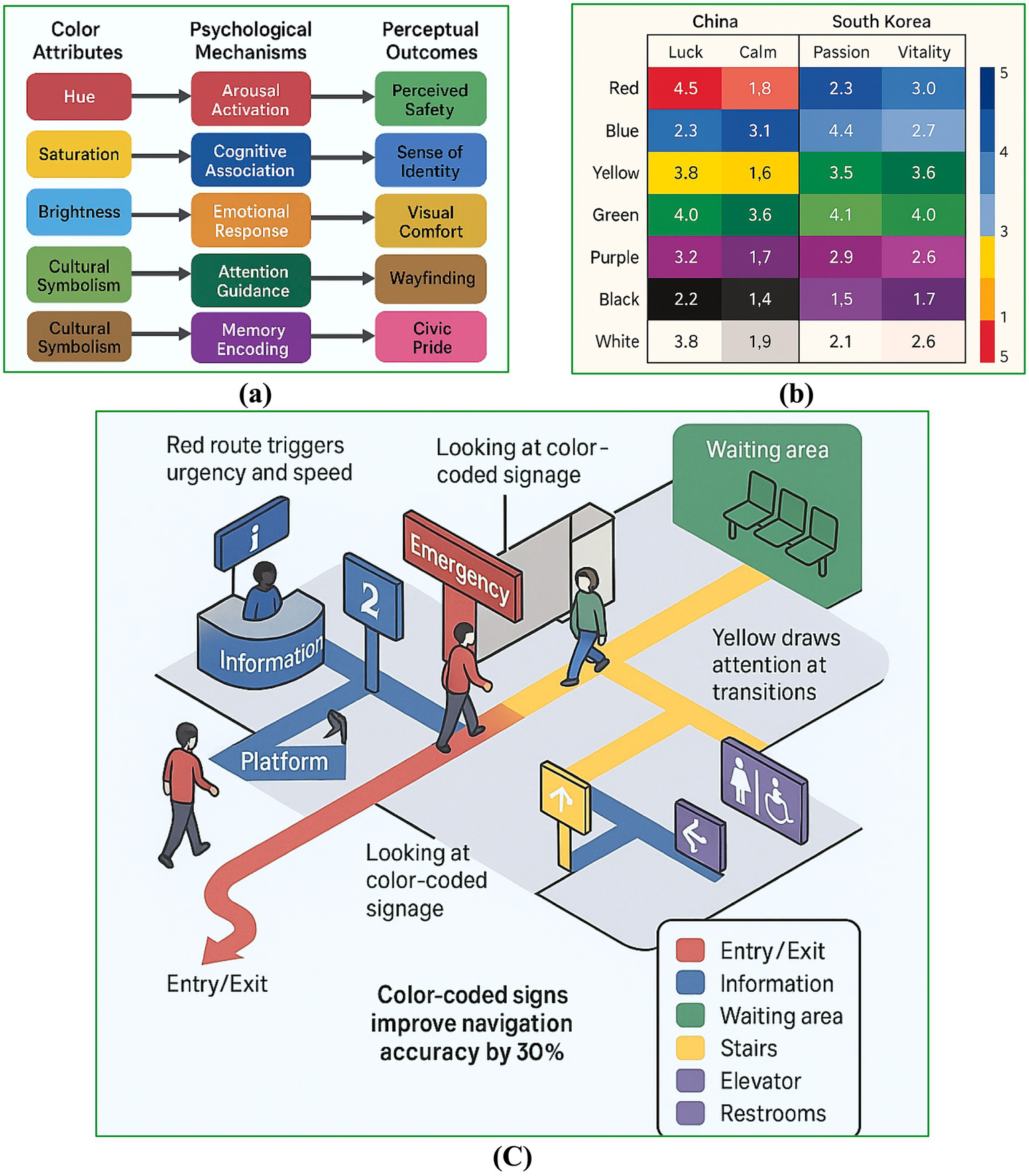 (a) Flowchart linking color attributes to psychological mechanisms and perceptual outcomes, such as hue to arousal activation and perceived safety. (b) Table comparing color perceptions in China and South Korea, detailing associations like luck and vitality with color ratings. (c) Diagram of a color-coded directional system in a building, highlighting pathways and marked areas like emergency exits, information points, and waiting areas. Color-coded routes improve navigation accuracy by thirty percent.