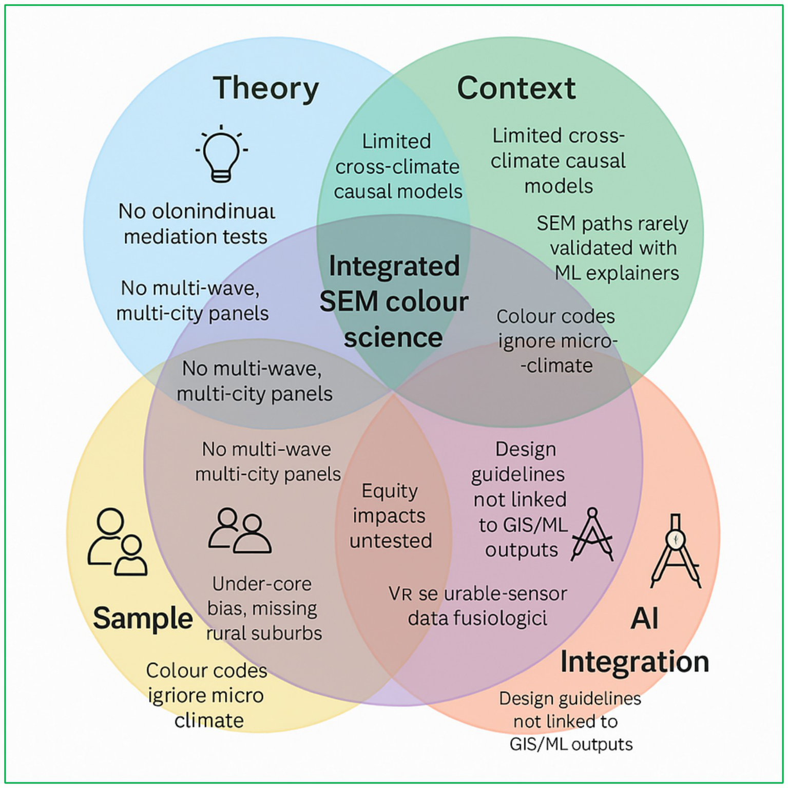 Four overlapping circles labeled Theory, Context, Sample, and AI Integration form a Venn diagram titled "Integrated SEM Colour Science." Each section contains specific challenges such as "Limited cross-climate causal models," "No multi-wave, multi-city panels," and "Design guidelines not linked to GIS/ML outputs." Central overlapping area emphasizes "Equity impacts untested."