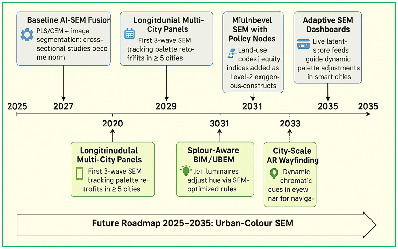 Urban-Colour SEM roadmap from 2025 to 2035 with key milestones: 2027 - AI-SEM Fusion for studies, 2029 - Longitudinal Multi-City Panels, 2031 - Multilevel SEM with Policy Nodes, 2035 - Adaptive SEM Dashboards. Arrows indicate future developments: Multi-City Panels (2020), Splour-Aware BIM/UBEM (2031), City-Scale AR Wayfinding (2033).