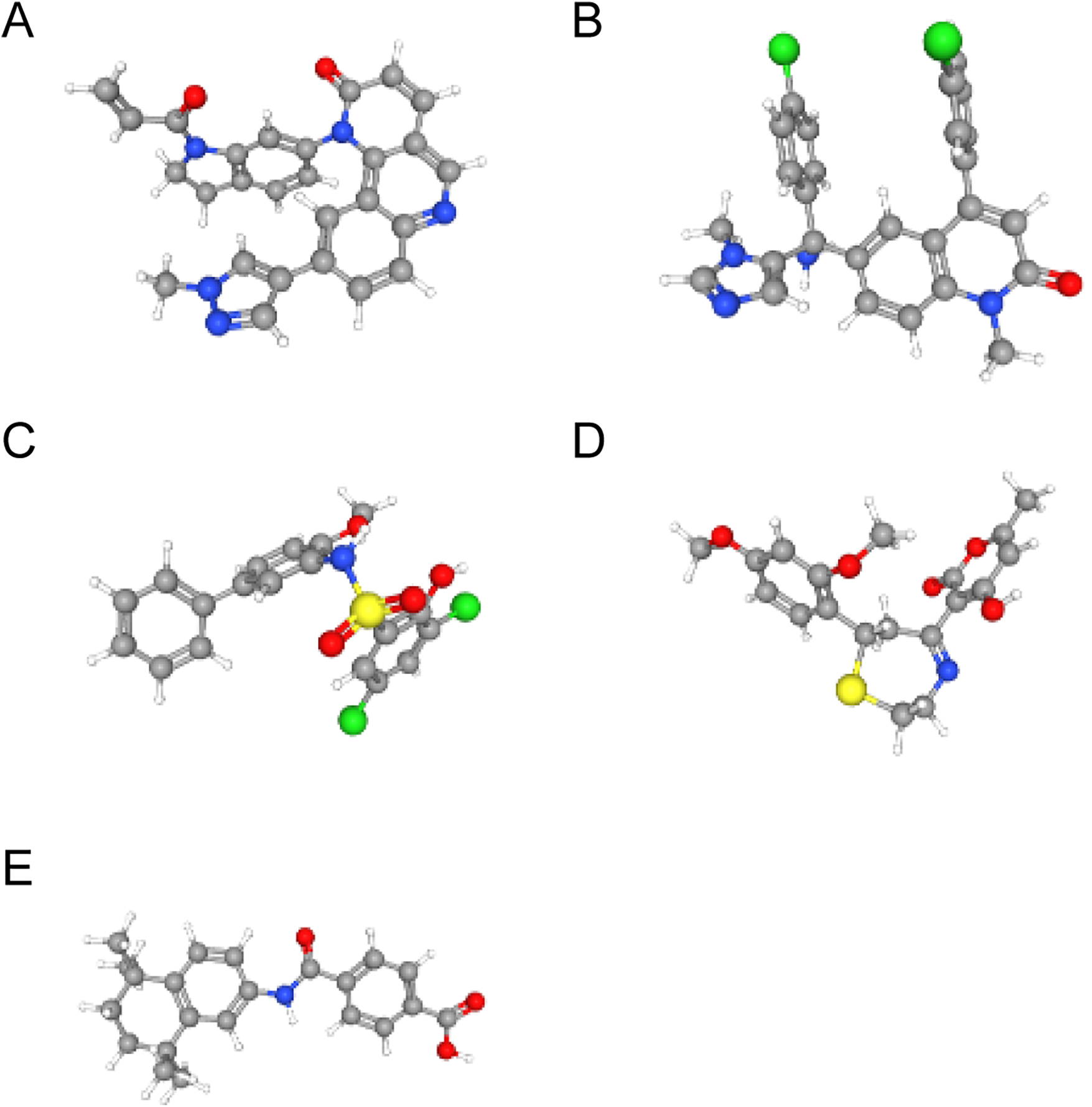 Five molecular structures labeled A to E. Each structure consists of atoms represented by colored spheres: grey for carbon, red for oxygen, blue for nitrogen, green for chlorine, and yellow for sulfur. Each structure shows a different arrangement and bonding pattern, demonstrating distinct molecular configurations.