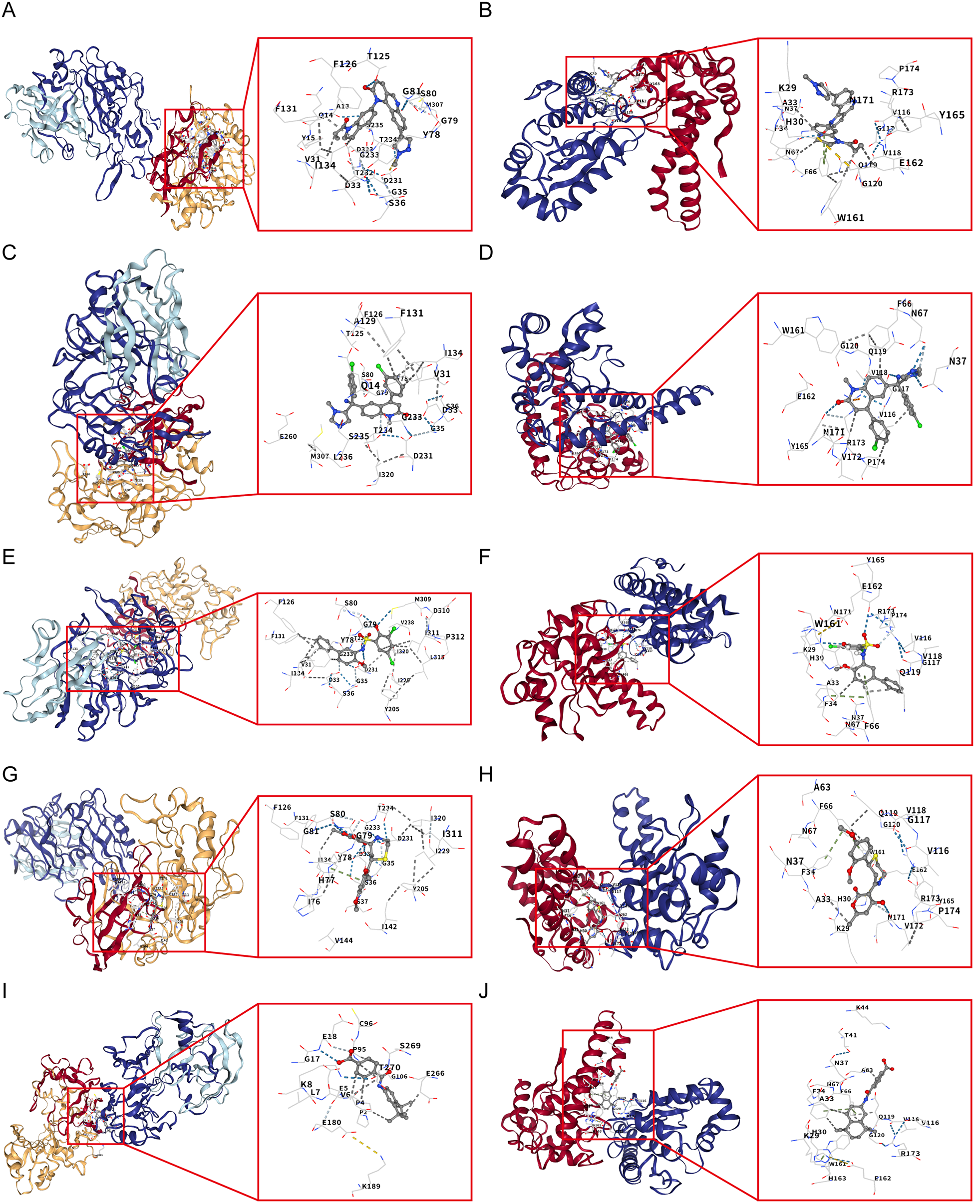 Ten molecular structures displayed as ribbon models, each with a zoomed-in view of the molecular interactions. Panels A, C, E, and G have blue, red, and orange elements, while B, D, F, H, I, and J feature blue and red elements. Each highlighted section shows intricate molecular bonding and residues labeled for identification.