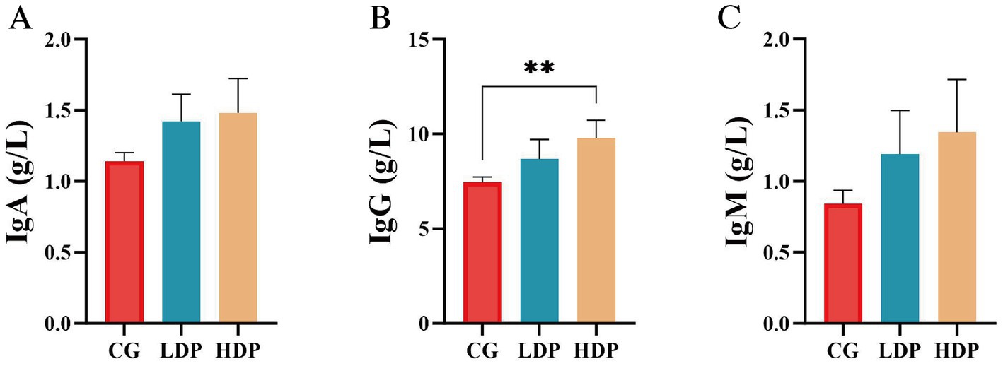 Three bar graphs labeled A, B, and C compare immunoglobulin levels IgA, IgG, and IgM in g/L. Each graph shows data for three groups: CG, LDP, and HDP. Graph B indicates a significant difference between CG and the other two groups with double asterisks.