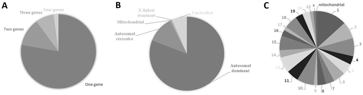 Panel A shows a pie chart depicting the distribution of genetic conditions by gene count: one gene, two genes, three genes, and four genes. Panel B is a pie chart illustrating types of inheritance: autosomal dominant, autosomal recessive, mitochondrial, X-linked dominant, and unclarified. Panel C is a pie chart with numbered sections indicating different genetic types, including mitochondrial and X-linked, with numbers from one to twenty.