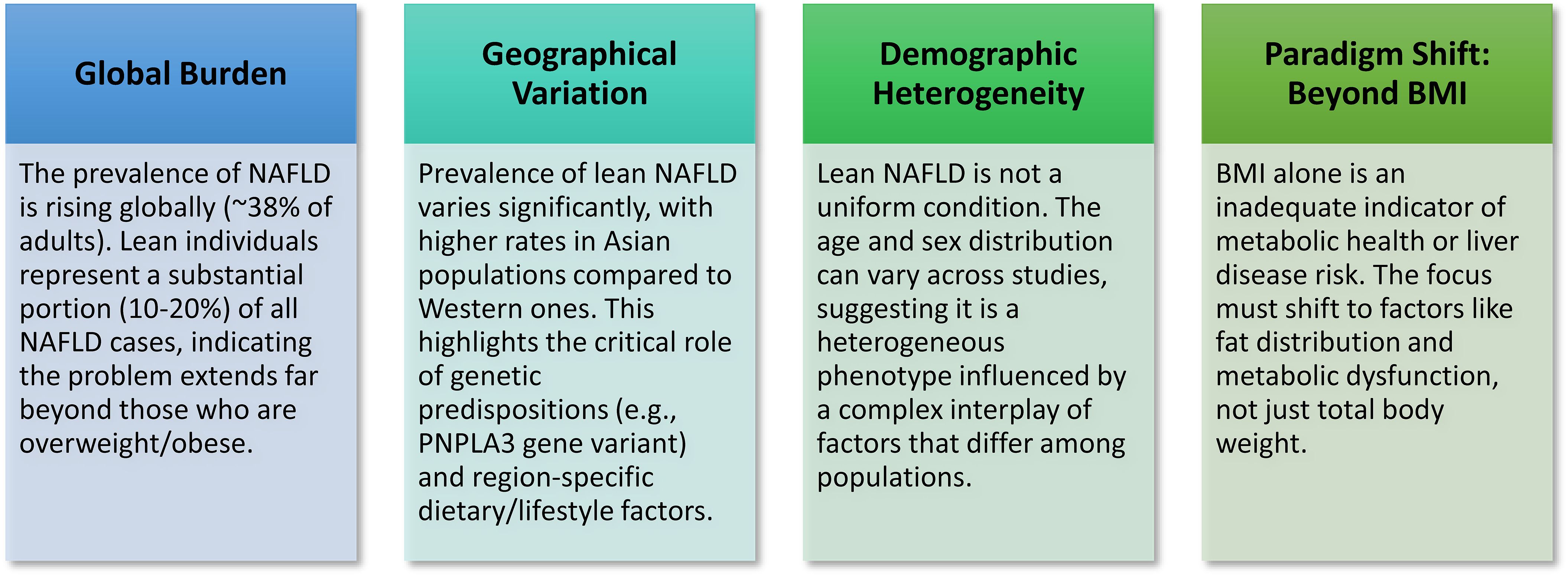 Four text boxes discuss the complexities of NAFLD. “Global Burden” highlights increasing prevalence, with lean individuals comprising ten to twenty percent of cases. “Geographical Variation” notes higher rates in Asian populations due to genetic and lifestyle factors. “Demographic Heterogeneity” describes differing age and sex distribution across studies, suggesting a complex phenotype. “Paradigm Shift: Beyond BMI” argues BMI alone is inadequate for assessing metabolic health, emphasizing the need to consider factors like fat distribution and metabolic dysfunction.