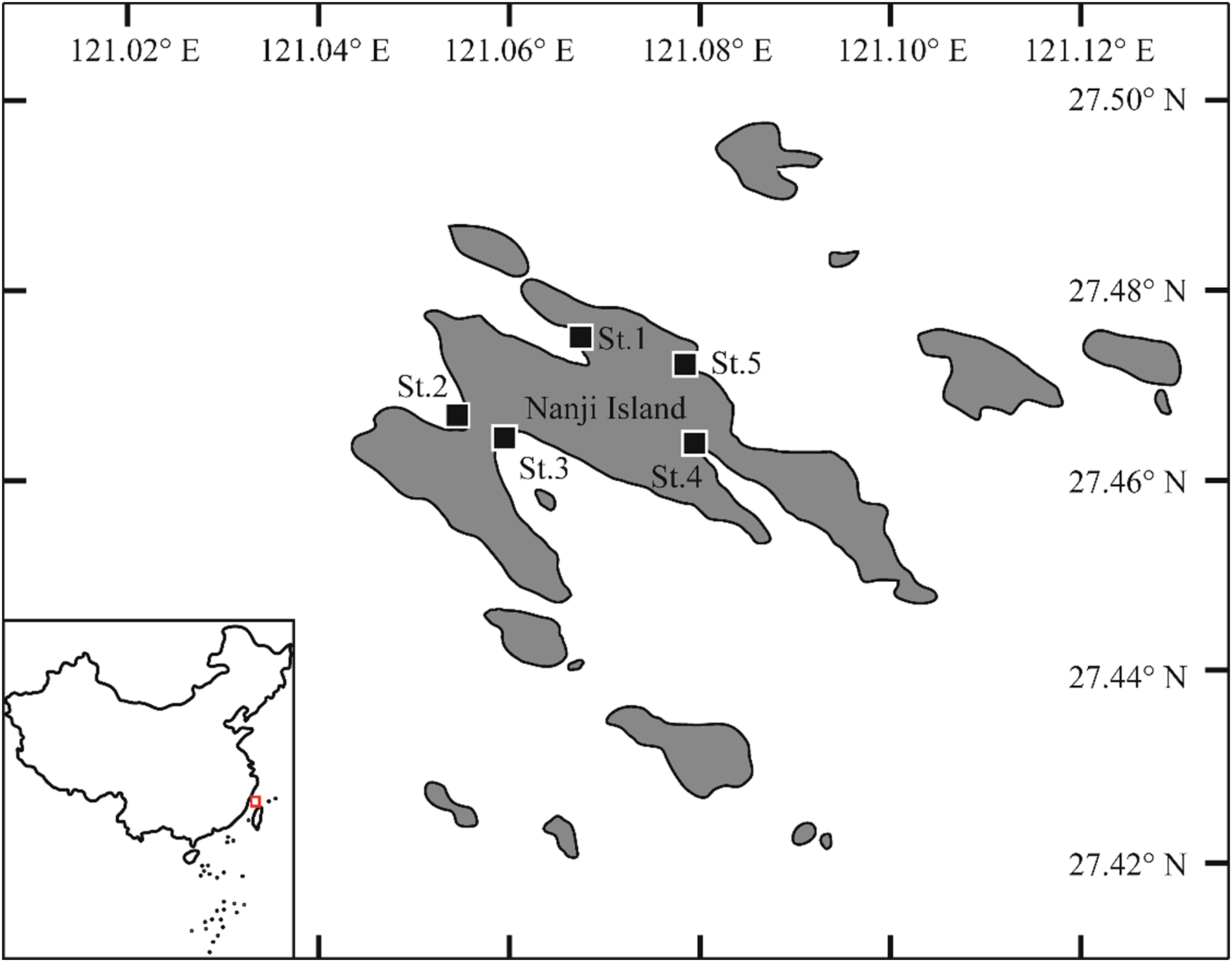 Map depicting Nanji Island and surrounding areas with marked stations 1 to 5. Coordinates are shown along the sides. An inset shows the location of Nanji Island along the southeast coast of China.