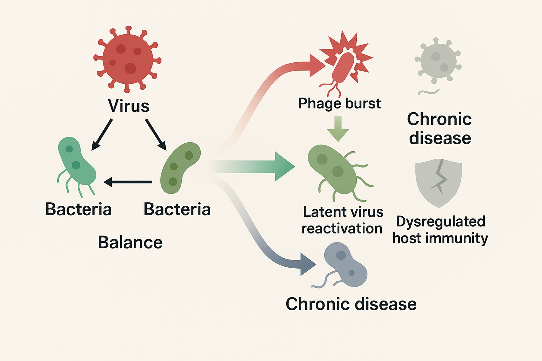 Diagram illustrating the interaction between viruses and bacteria. Balanced interaction is shown leading to phage burst or latent virus reactivation. Phage burst leads to dysregulated host immunity and chronic disease. Latent virus reactivation also results in chronic disease.