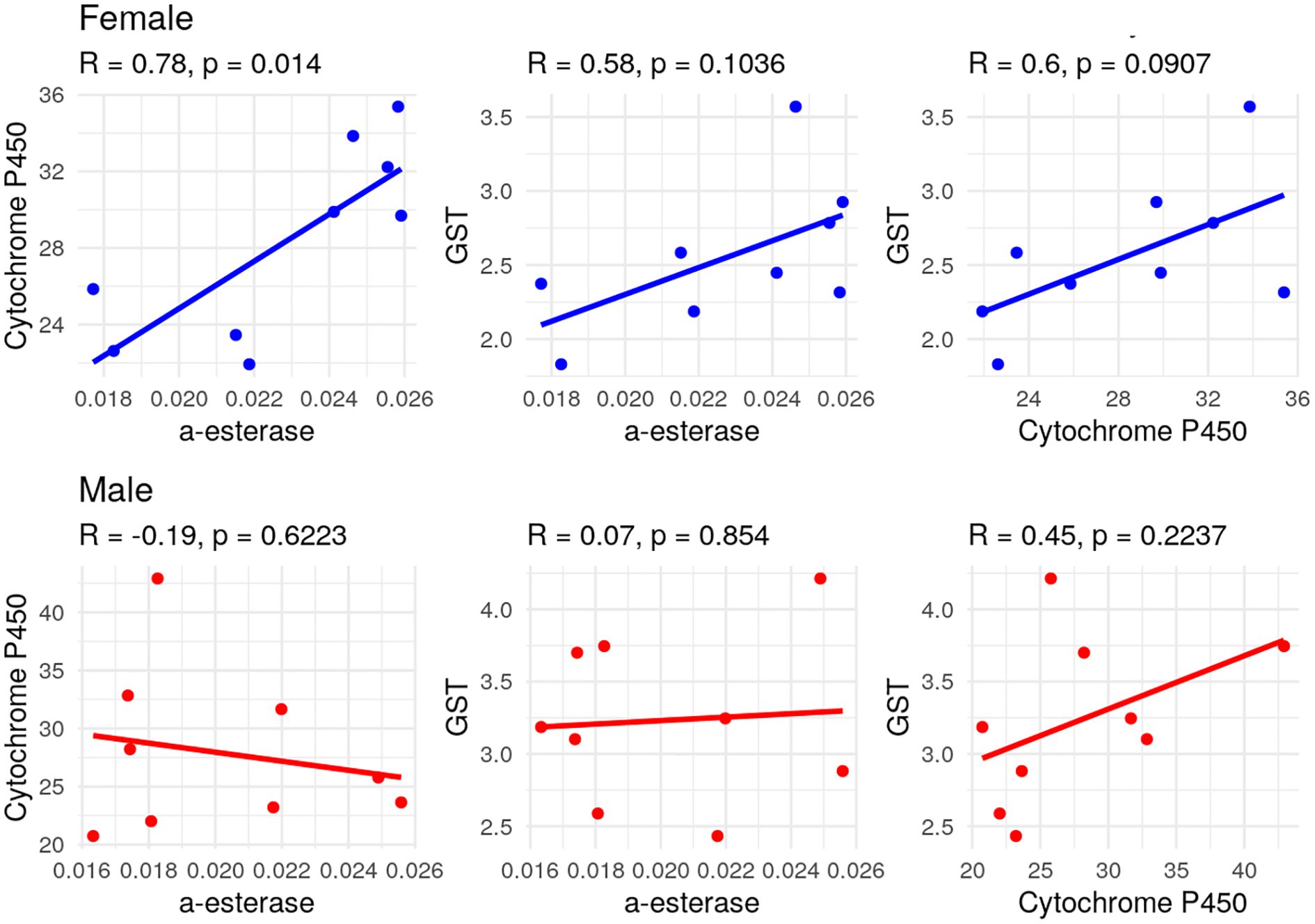 Six scatter plots display correlations between different enzymes for female and male groups. The top row shows positive correlations for females between a-esterase versus Cytochrome P450 (R = 0.78, p = 0.014), a-esterase versus GST (R = 0.58, p = 0.1036), and Cytochrome P450 versus GST (R = 0.6, p = 0.0907). The bottom row shows weak correlations for males: a-esterase versus Cytochrome P450 (R = -0.19, p = 0.6223), a-esterase versus GST (R = 0.07, p = 0.854), and Cytochrome P450 versus GST (R = 0.45, p = 0.2237). Blue dots represent females, and red dots represent males.