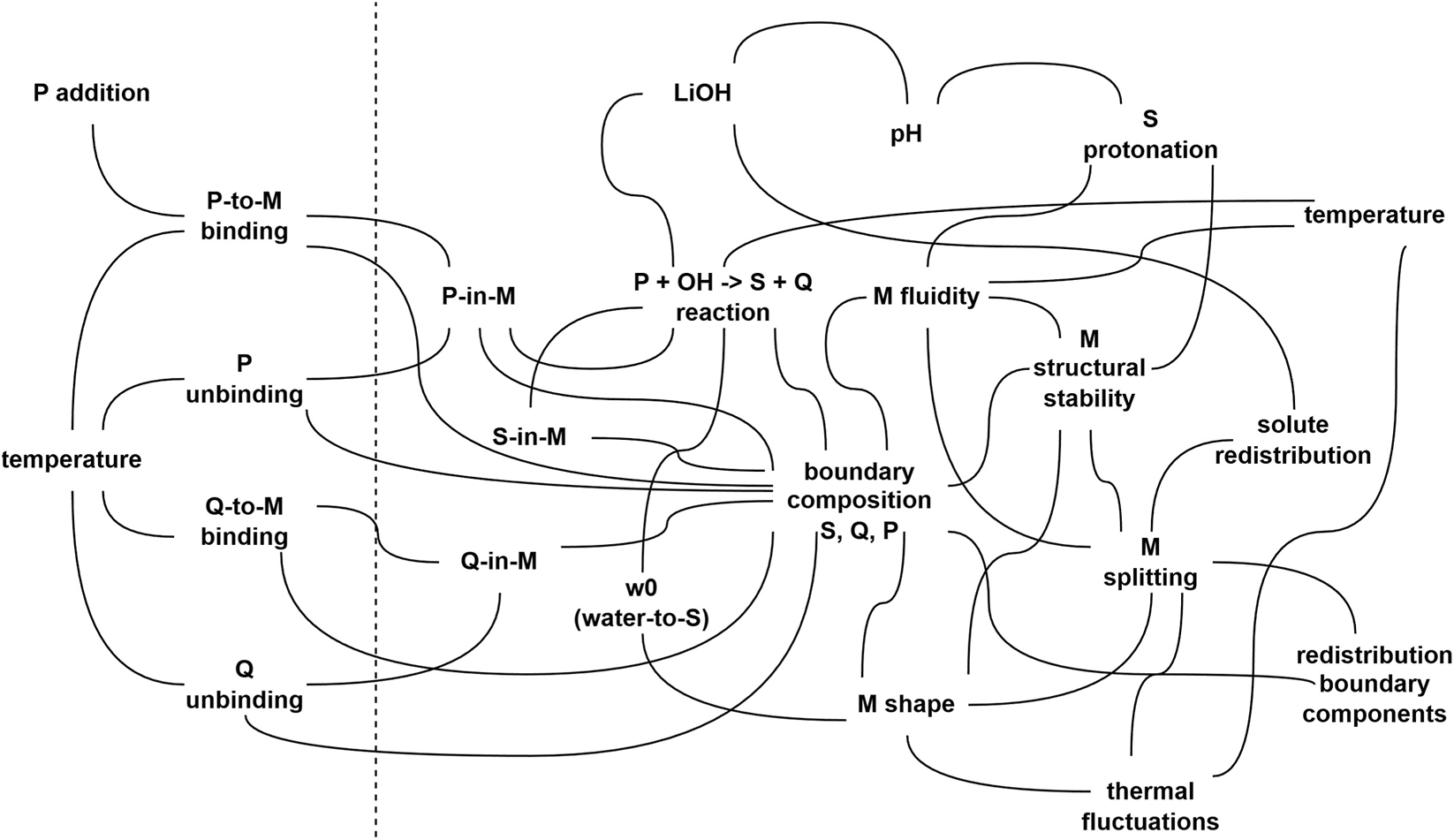 Flowchart illustrating various chemical interactions and processes. Key elements include P addition, P-to-M and Q-to-M binding, temperature, and LiOH. Processes involve P + OH reaction forming S + Q, influencing factors like boundary composition, M fluidity, structural stability, and solute redistribution. Additional components include S protonation, M splitting, and redistribution of boundary components, all connected through numerous arrows indicating interactions.
